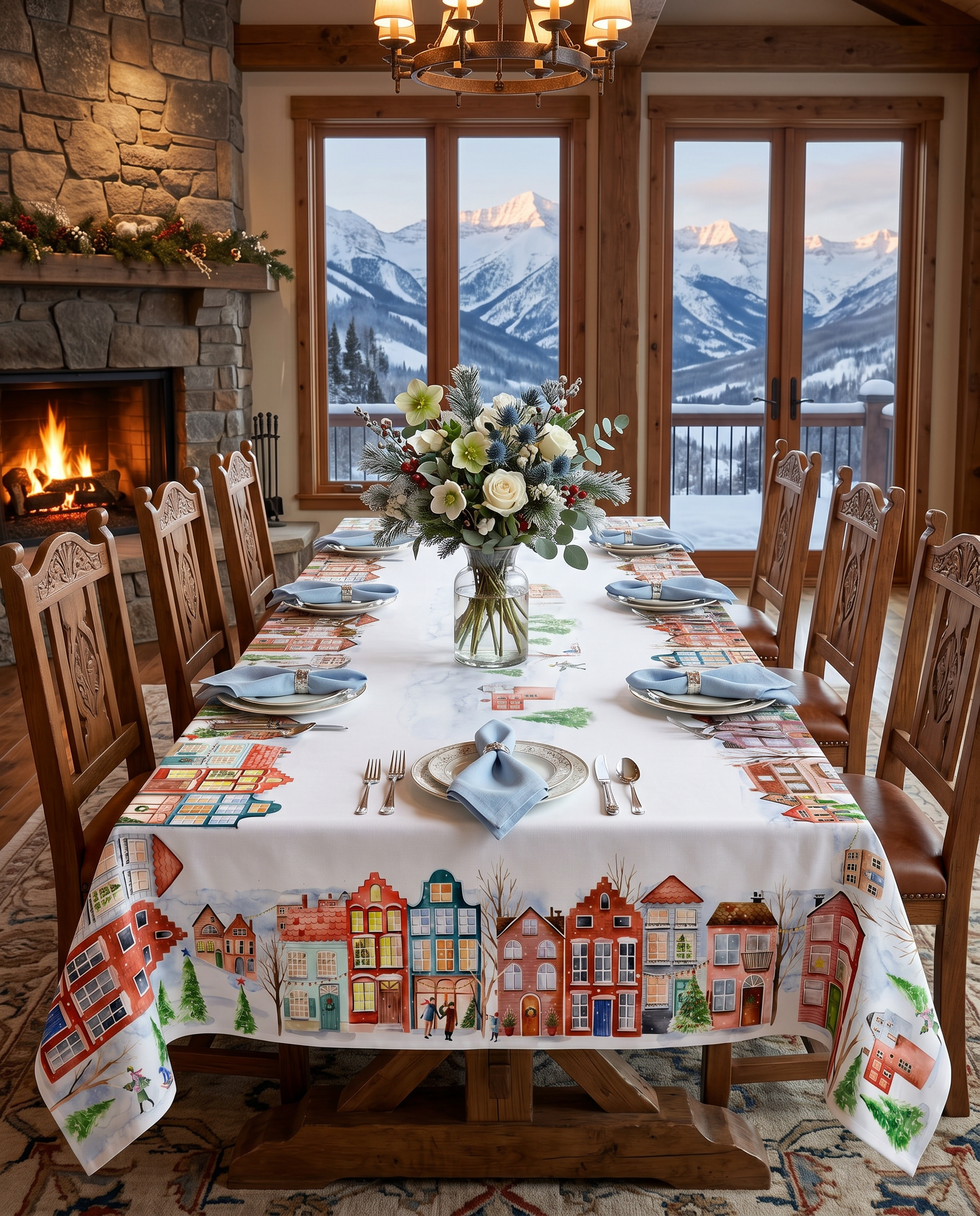 Jolin tablecloth in mixed linen, 120x120 cm, illustrated festive print