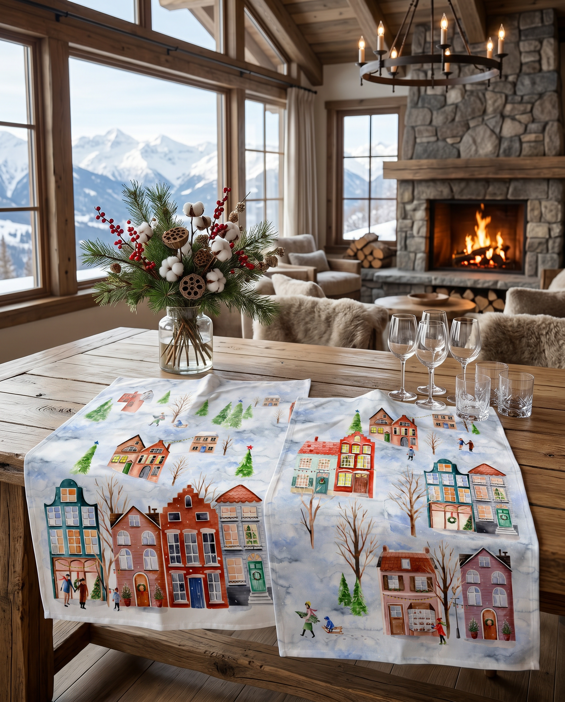 Jolin kitchen towel variant 1 in mixed linen, illustrated festive print