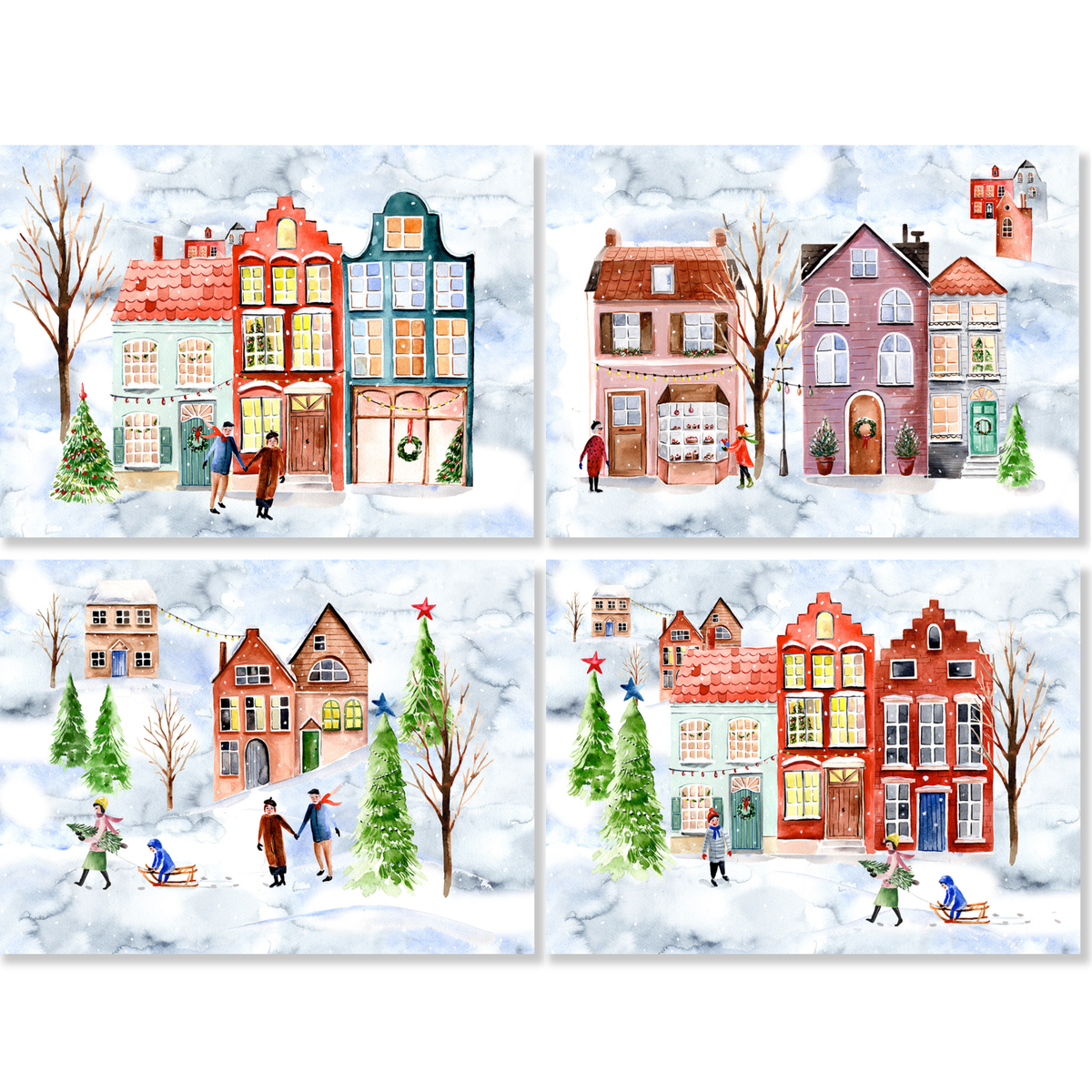 Jolin set of 4 placemats in mixed linen, illustrated festive print