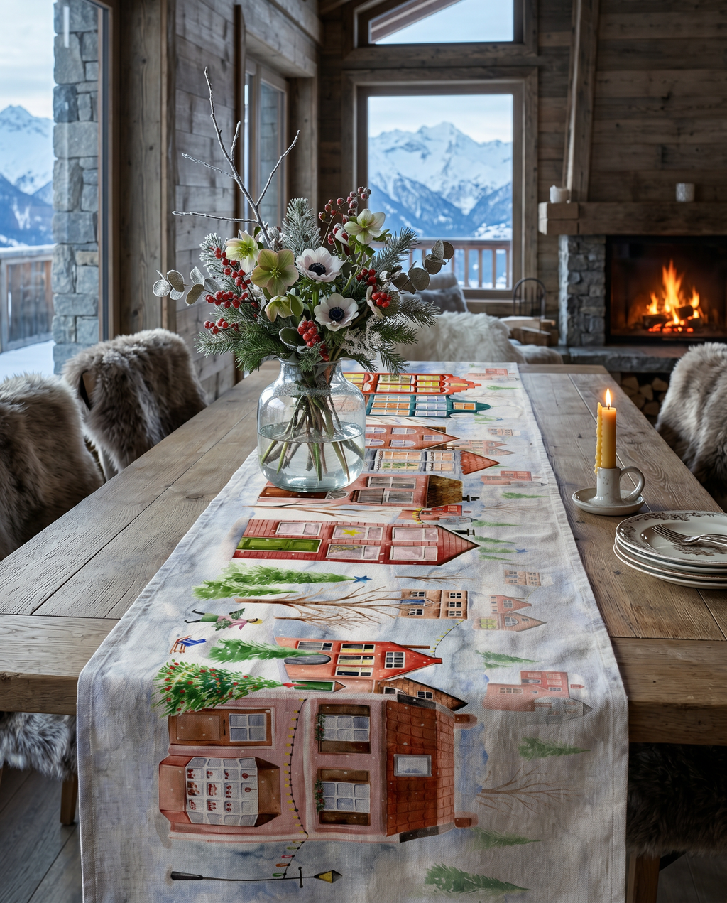 Jolin runner in mixed linen, 50x150 cm, illustrated festive print