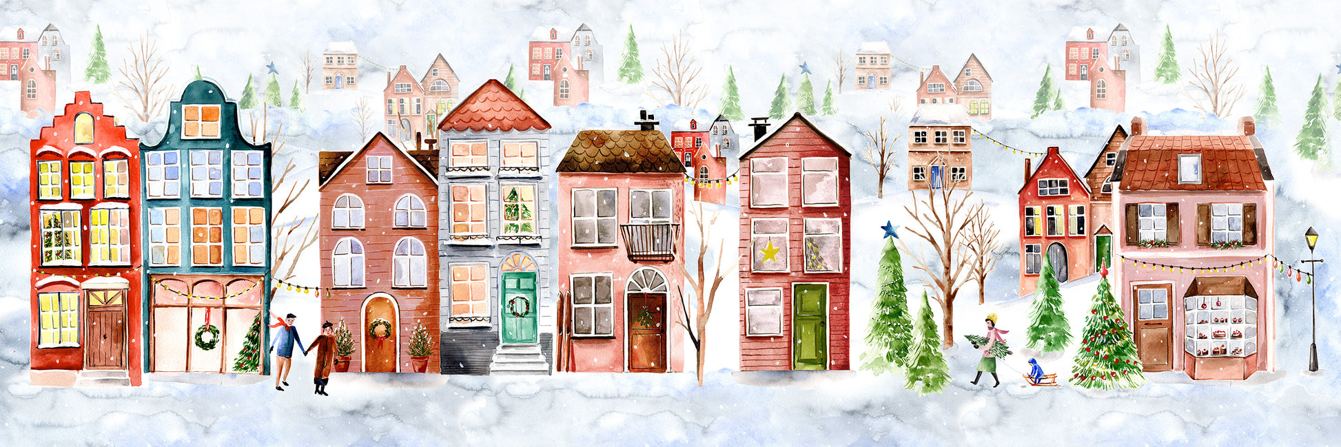 Jolin runner in mixed linen, 50x150 cm, illustrated festive print