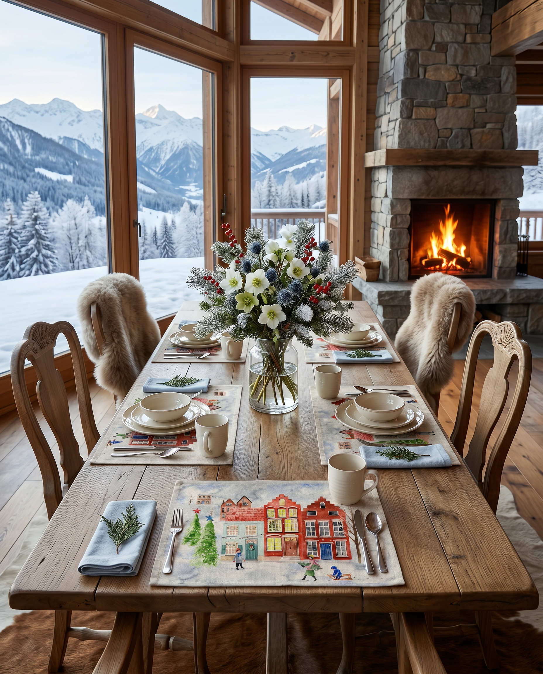 Jolin set of 4 placemats in mixed linen, illustrated festive print