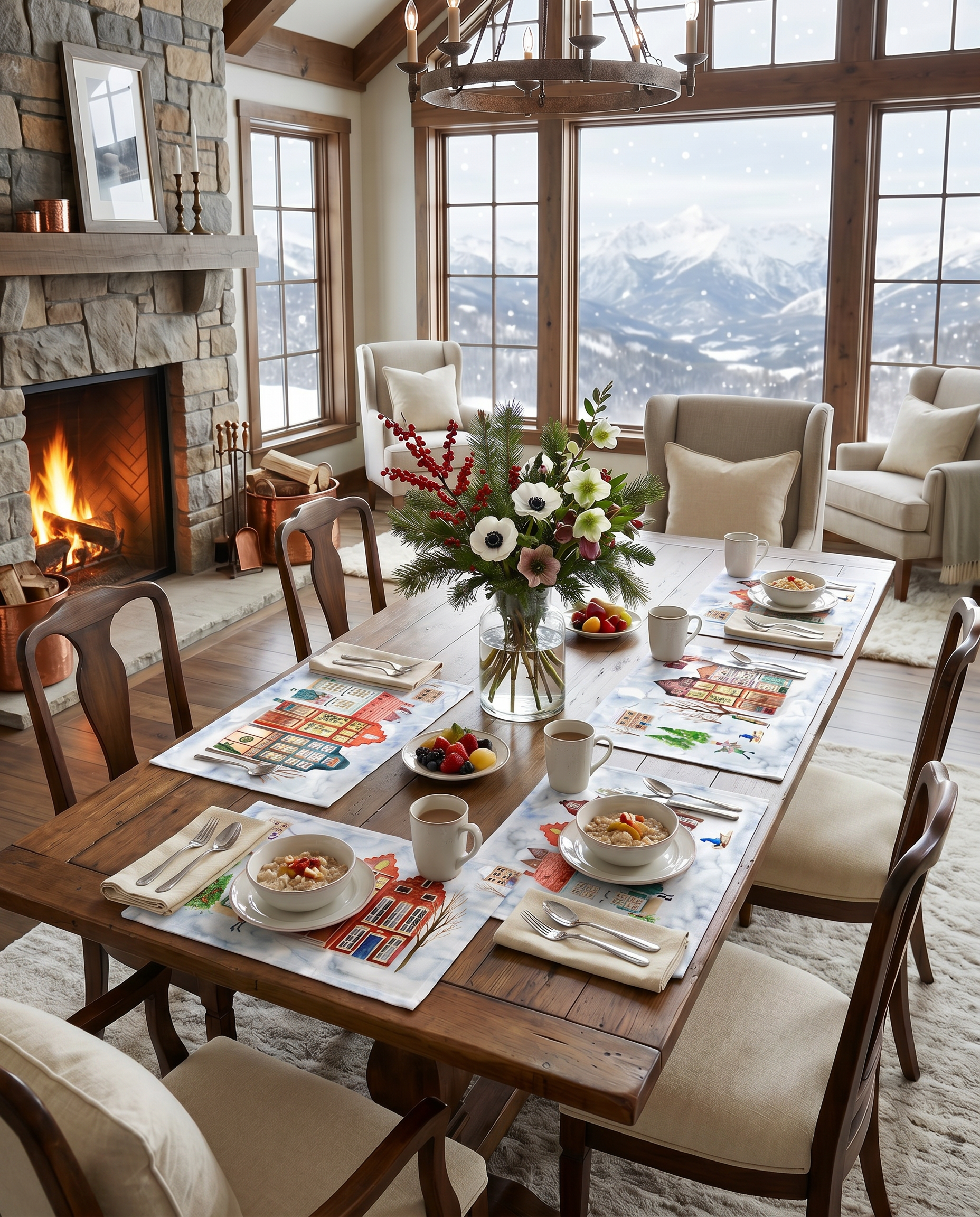 Jolin set of 4 placemats in mixed linen, illustrated festive print