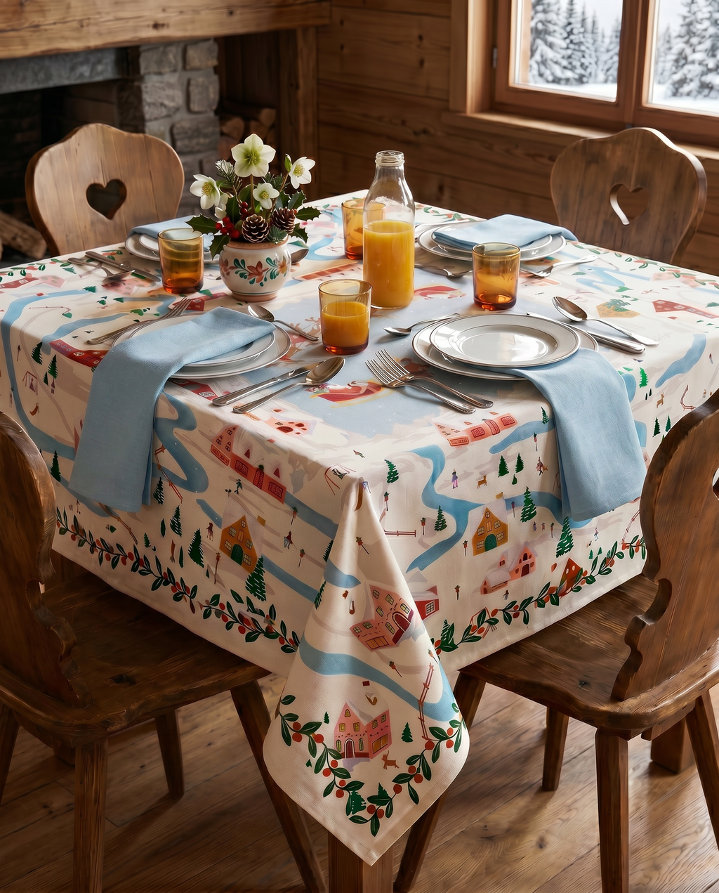 Landscapes tablecloth in mixed linen, 180x320 cm, winter landscape print
