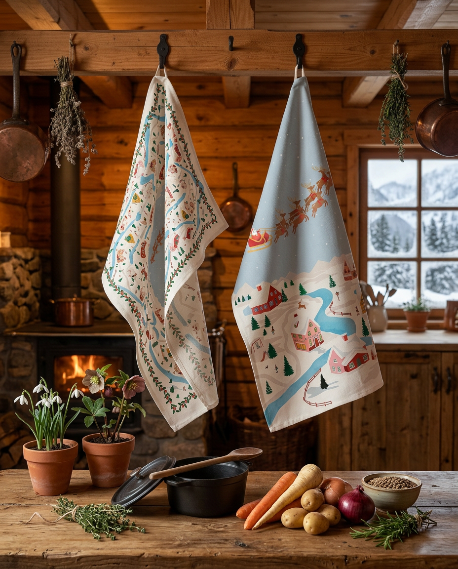 Landscapes kitchen towel variant 1 in mixed linen, winter landscape print