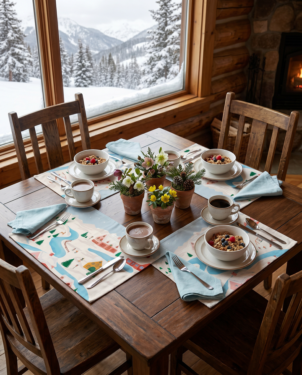 Landscapes set of 4 placemats in mixed linen, winter landscape print