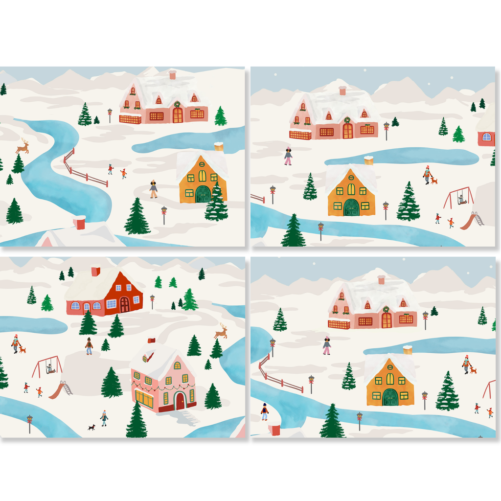 Landscapes set of 4 placemats in mixed linen, winter landscape print