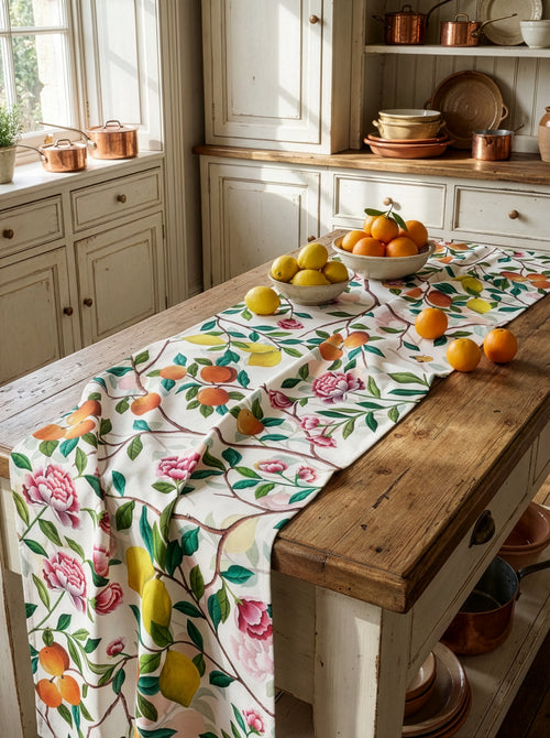 Chemin de table premium Les Agrumes en lin 100 %, fabriqué en Italie