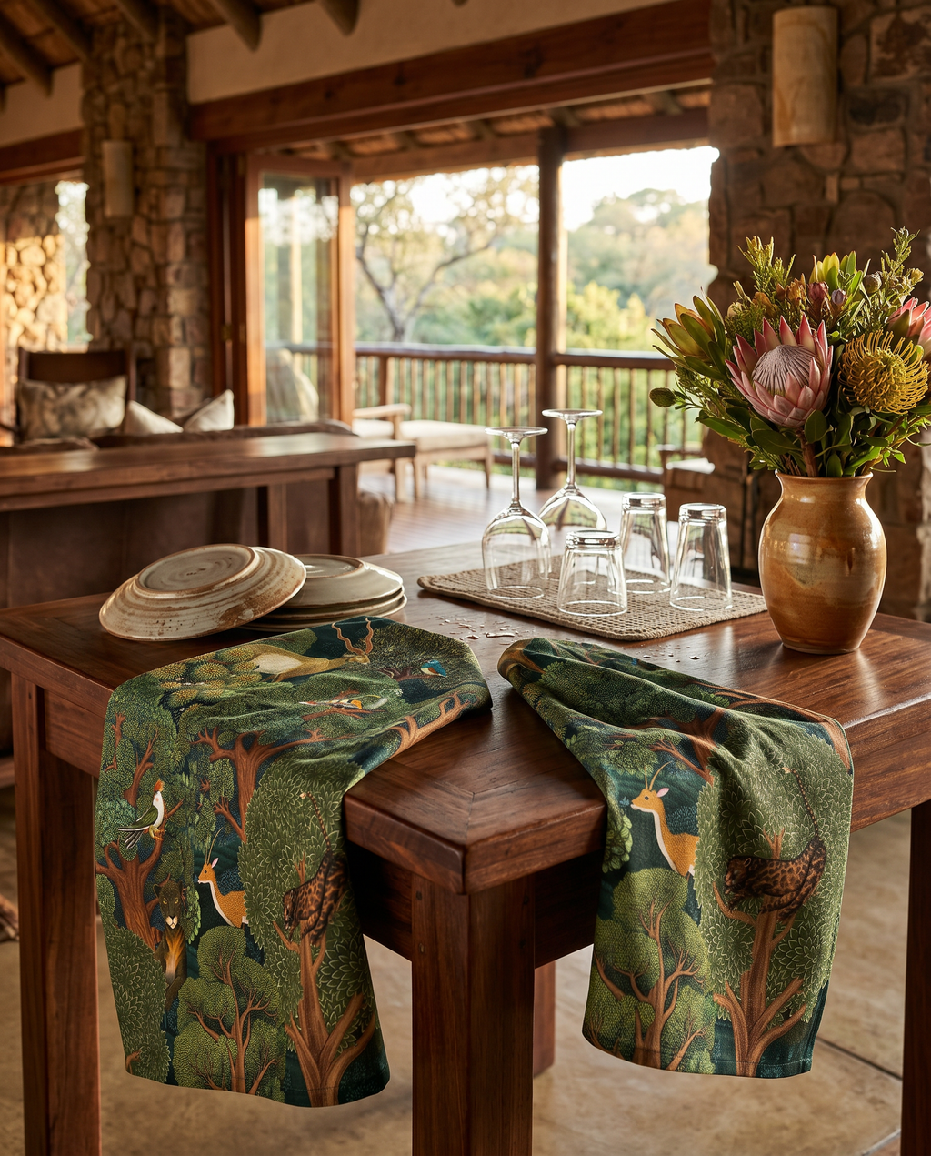 Madikwe kitchen towels in Premium Linen with digitally printed design, image 1