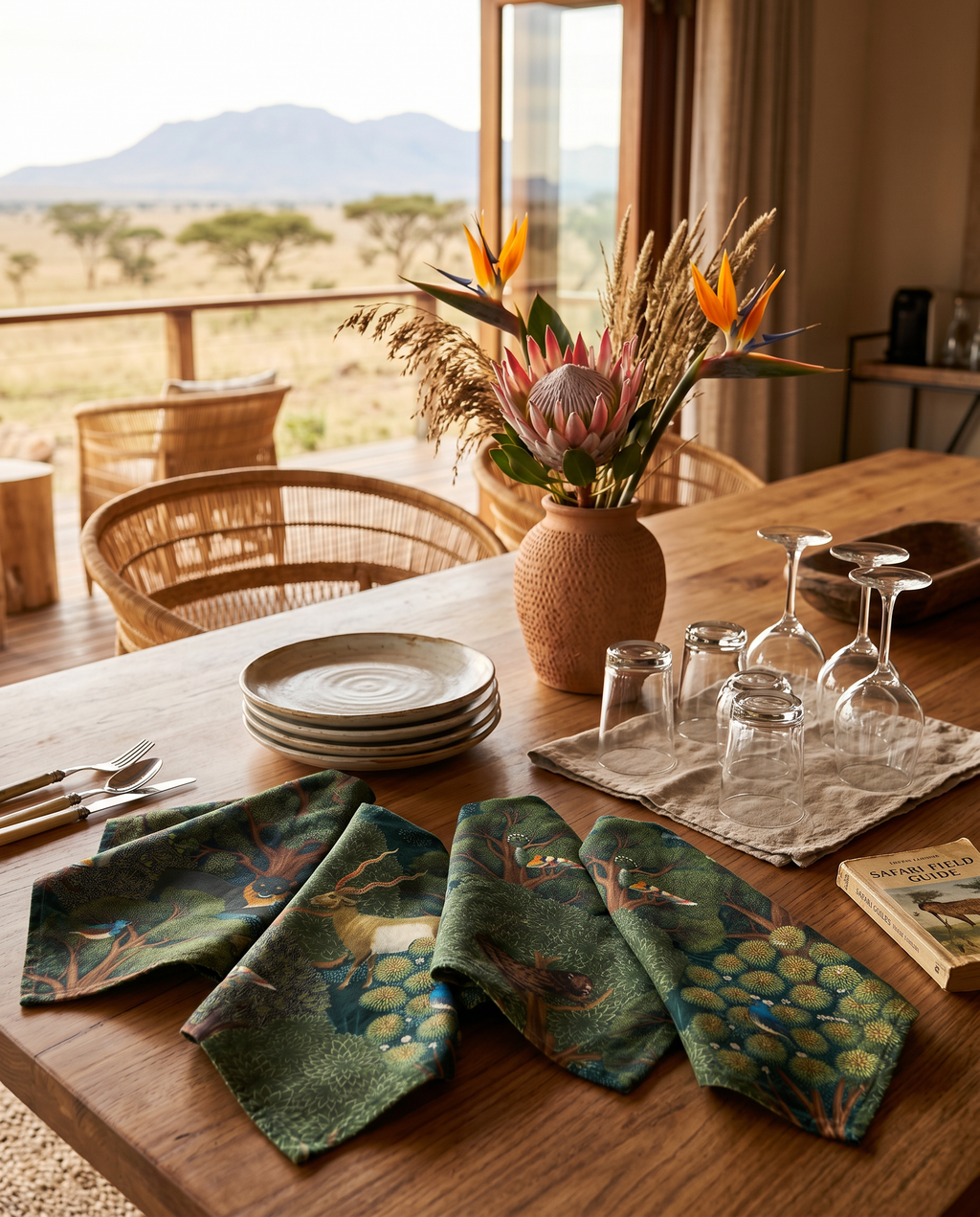 Madikwe set of 4 premium linen napkins with warm nature-inspired print