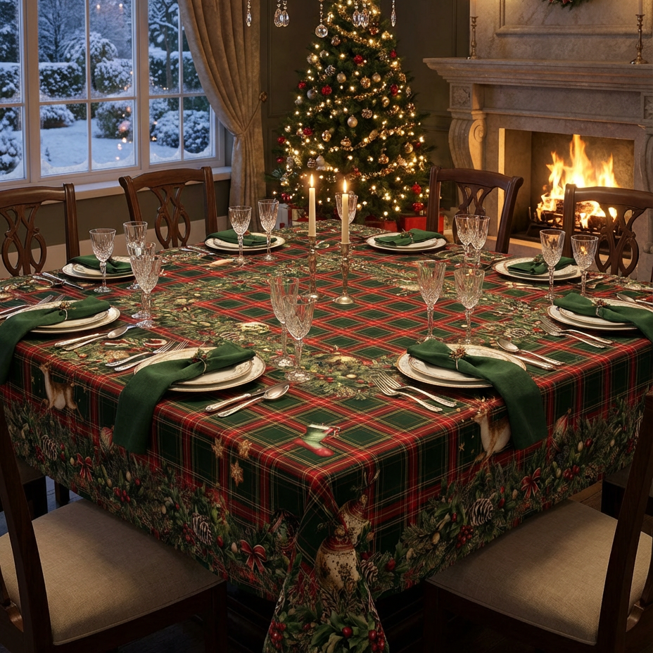 Merry Moments tablecloth premium linen in 180x360 cm with digitally printed decorative design