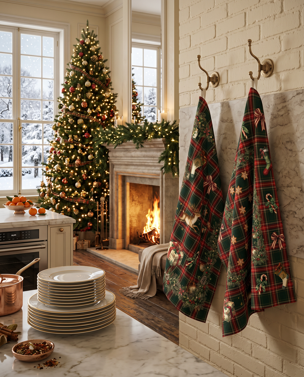 Merry Moments kitchen towels in Premium Linen with digitally printed design, image 1