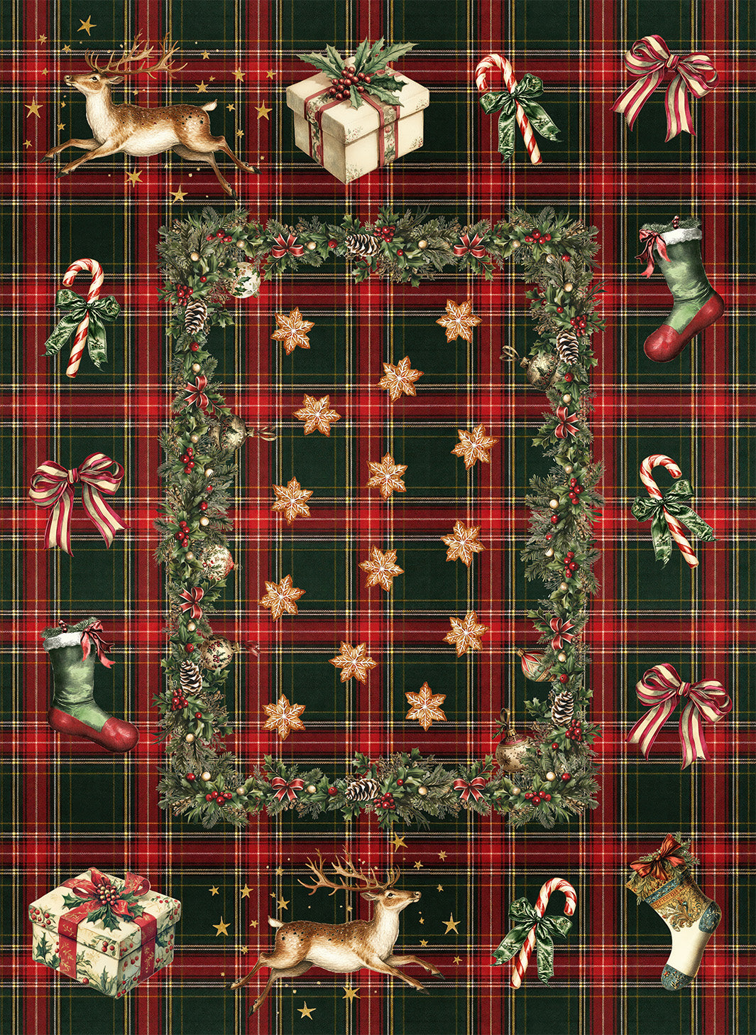 Merry Moments kitchen towels in Premium Linen with digitally printed design, styled view