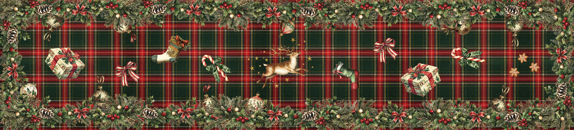 Merry Moments Runner Premium Linen with festive holiday print, 50x220 cm
