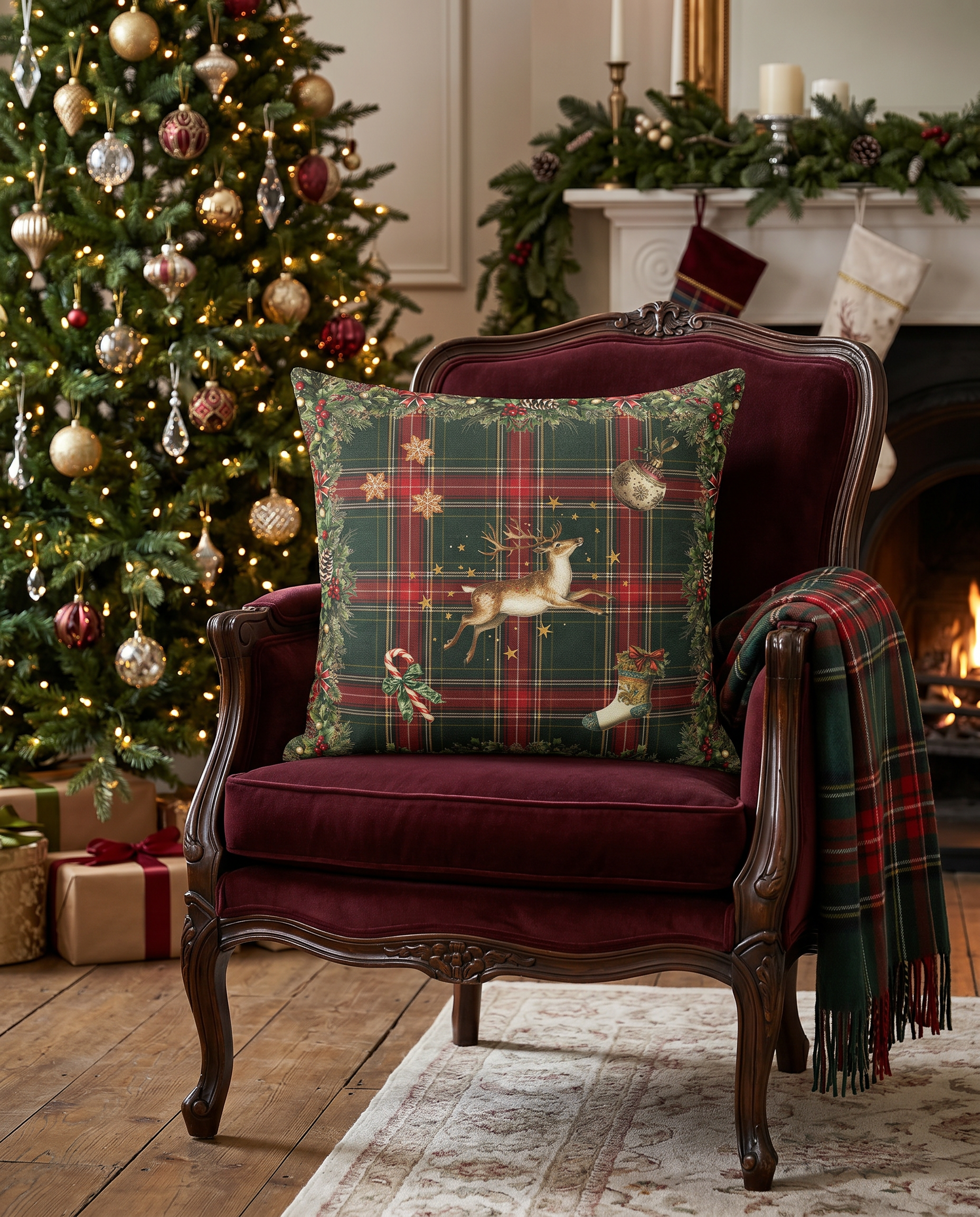 Merry Moments Velvet Cushion with festive printed design