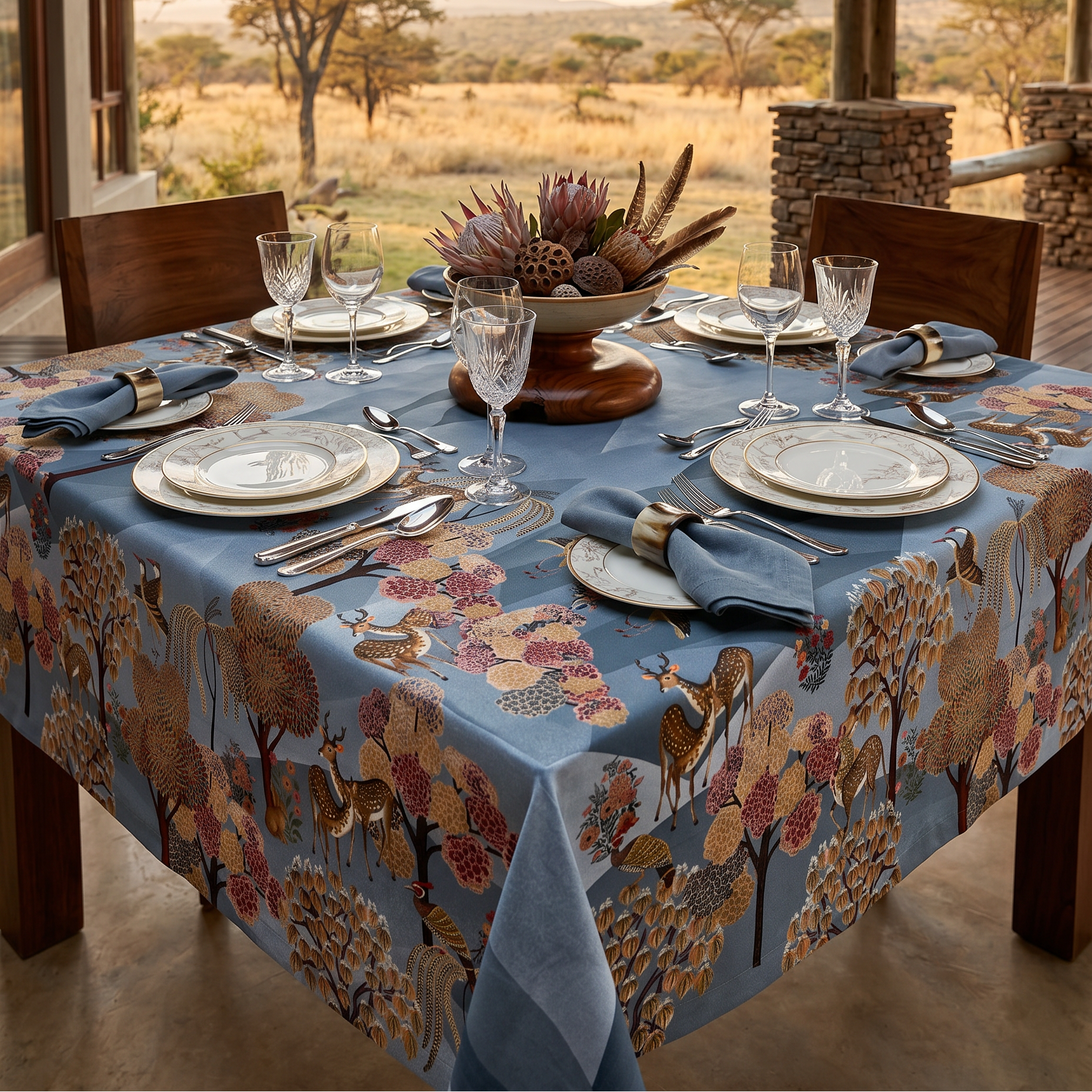 Motswiri tablecloth premium linen in 180x180 cm with digitally printed decorative design