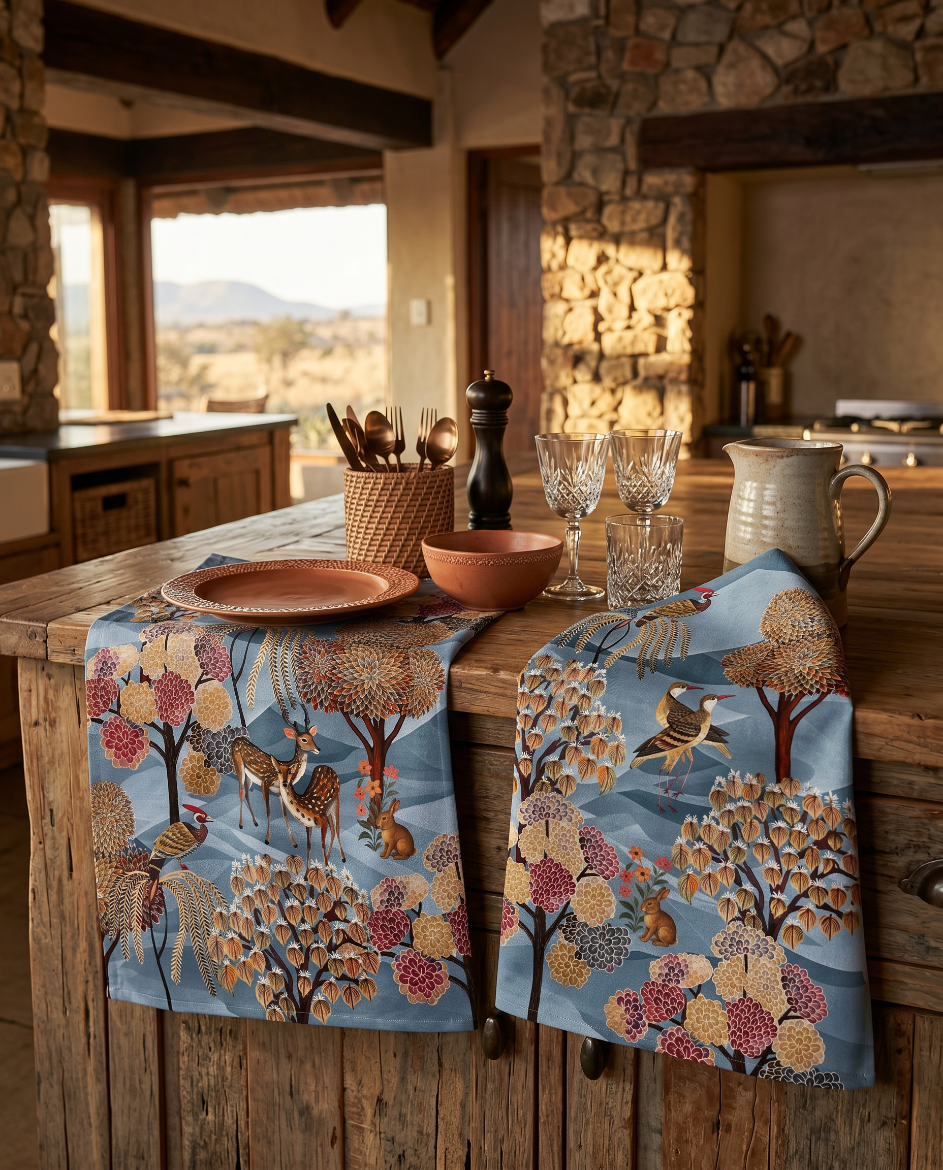 Motswiri kitchen towels in Premium Linen with digitally printed design, image 1