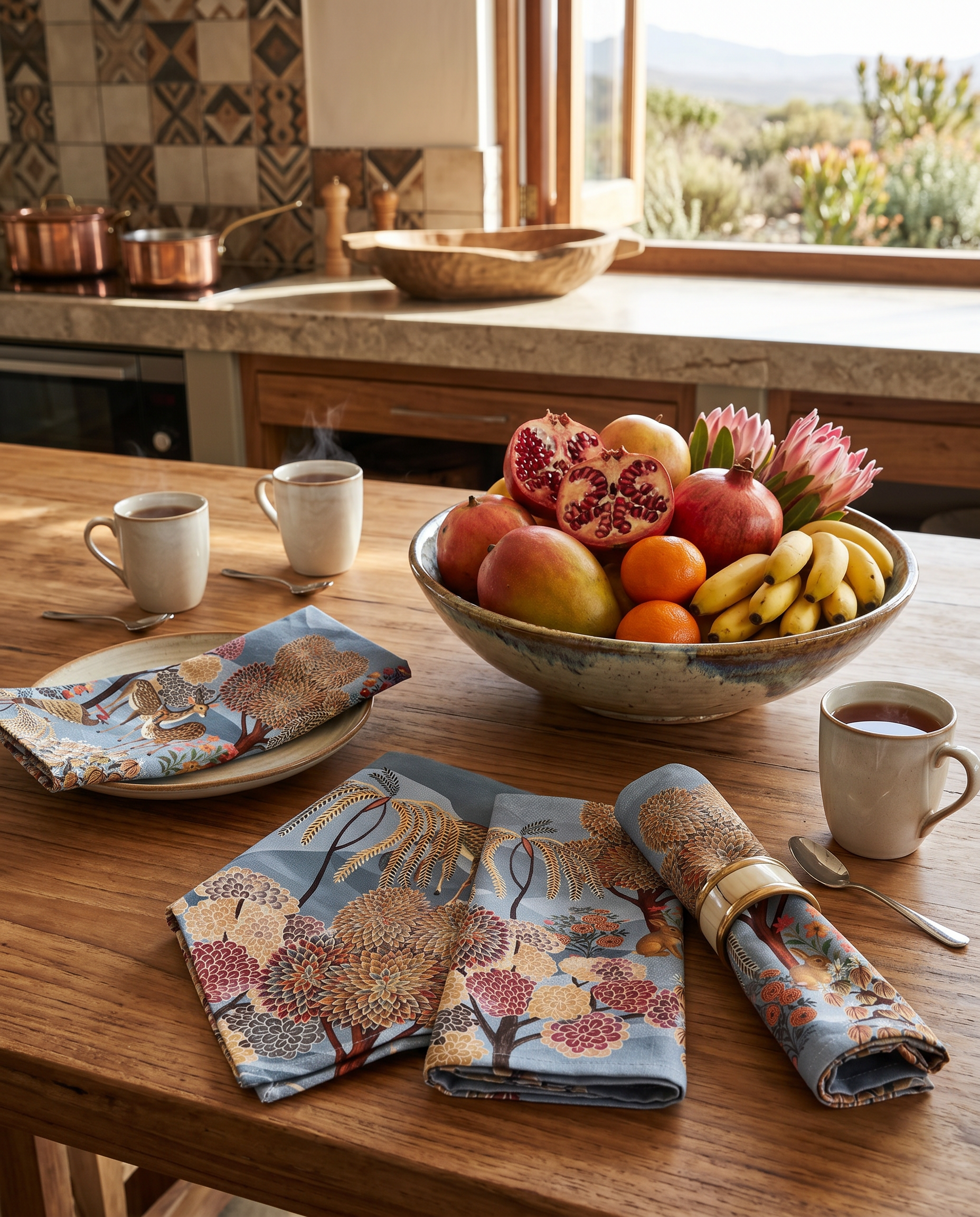 Motswiri set of 4 premium linen napkins with organic nature-inspired print