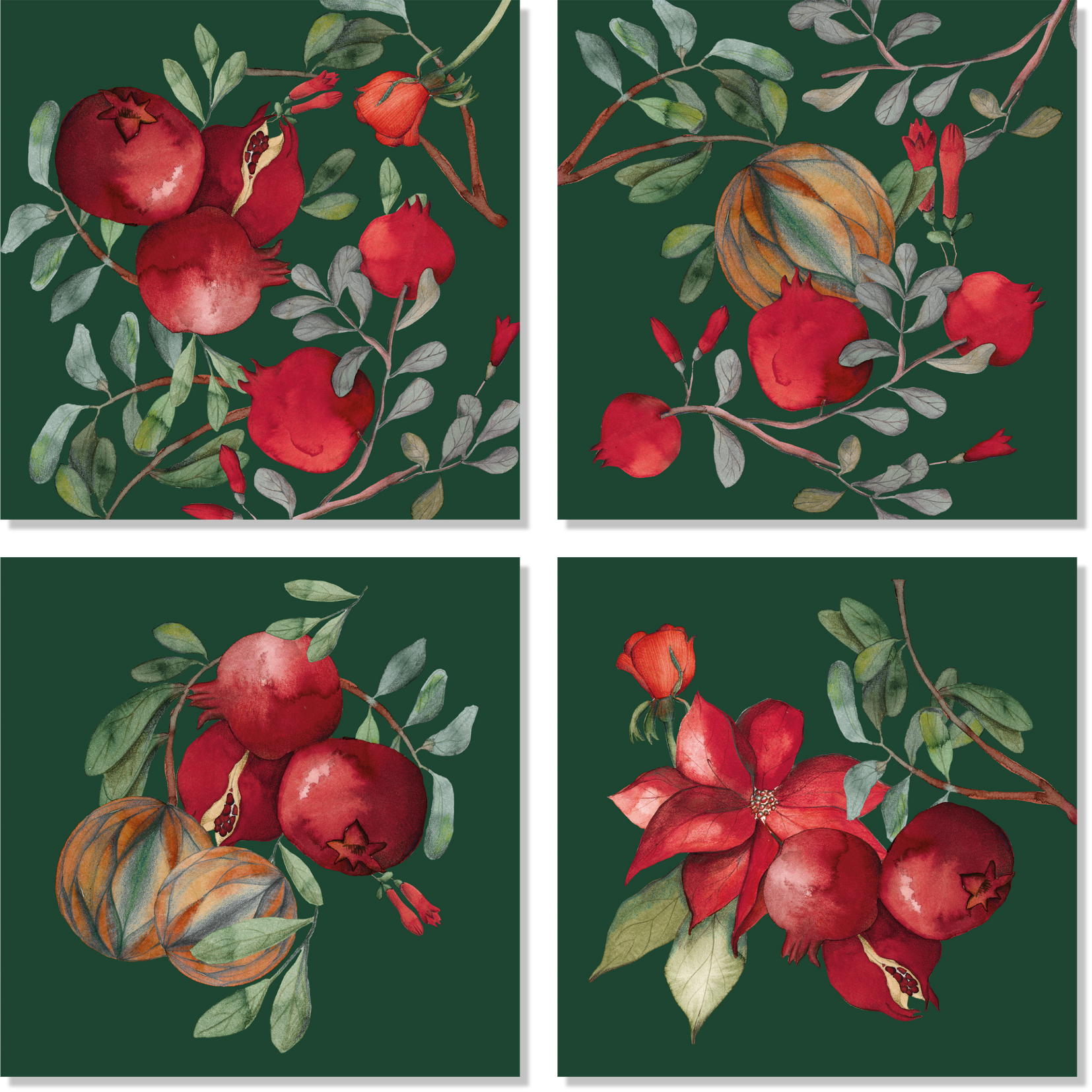 Set of 4 Napkins Satin «Grenade» Green Variant - 100% Made in Italy The Napking