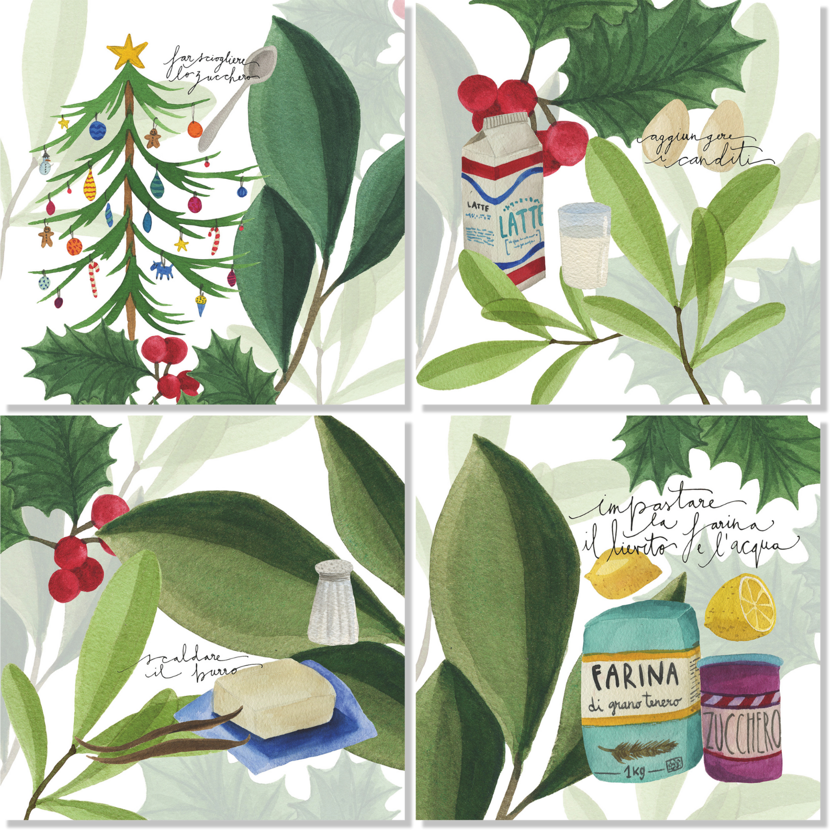 Set of 4 Napkins Satin «Menù di Natale» 100% Made in Italy