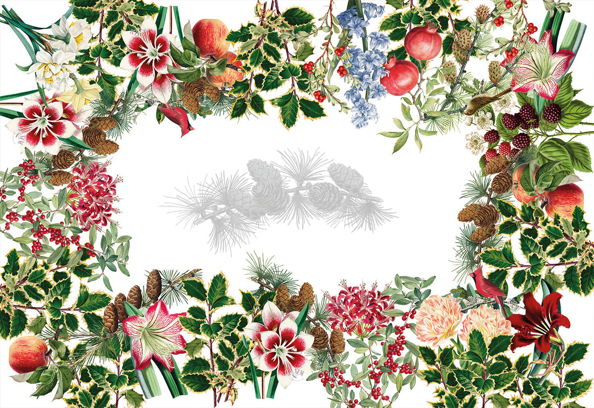 Natalia linen tablecloth with digitally printed floral design detail view