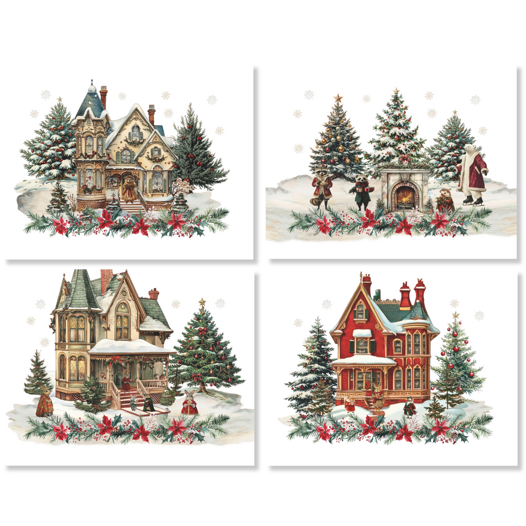 Xmas Village set of 4 linen placemats with festive winter print