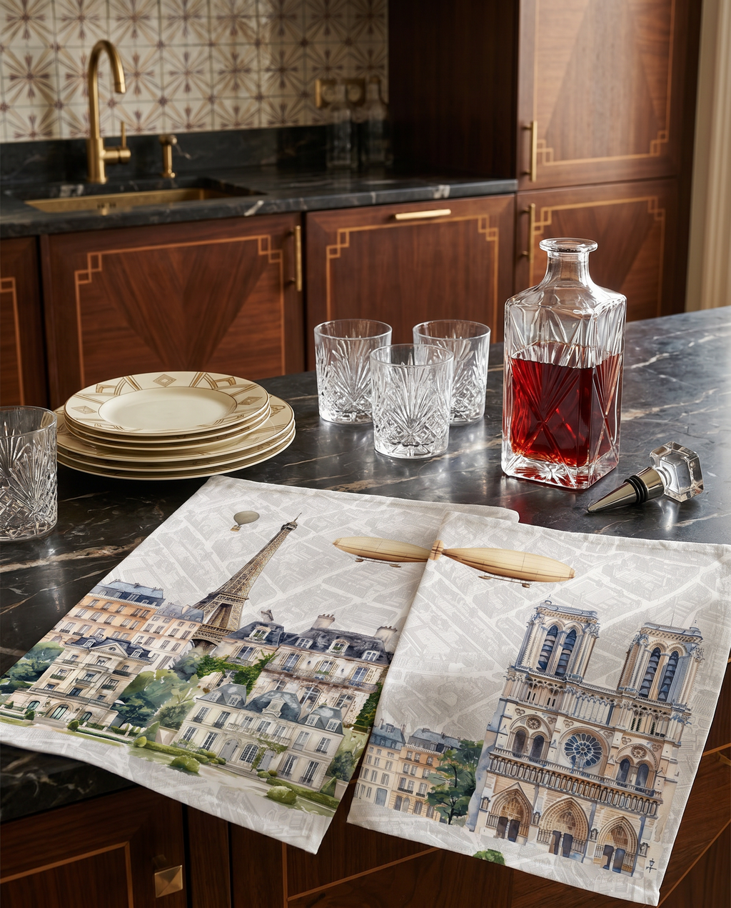 Paris kitchen towel pure linen with Paris-inspired illustrated print main image