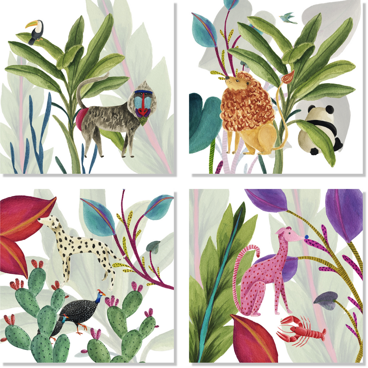 Set of 4 Napkins Satin «Funky Animals» 100% Made in Italy - The Napking