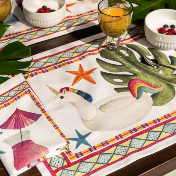 Set of 4 Placemats «Summer Party» Cotton Satin 100% Made in Italy - The Napking