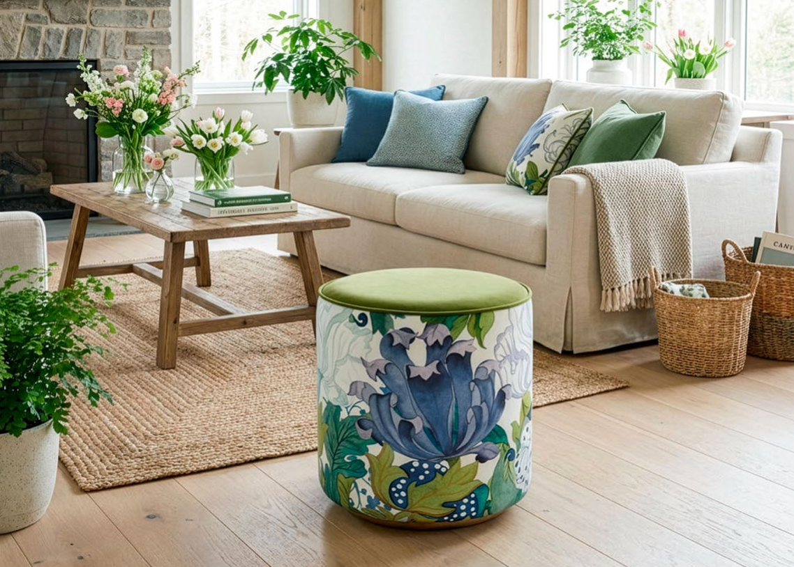 Morris Chesterfield pouf in green velvet with botanical base