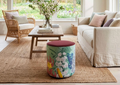 Dafne Chesterfield pouf with burgundy velvet top and botanical print