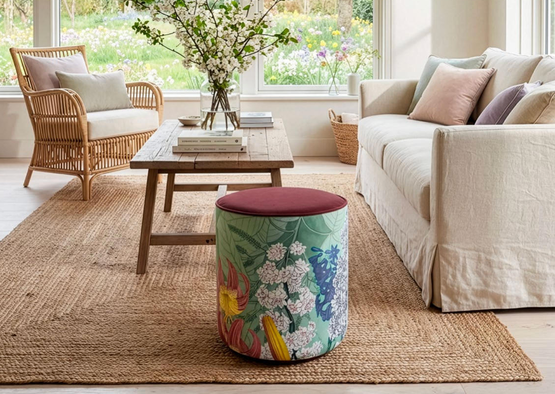 Dafne Chesterfield pouf with burgundy velvet top and botanical print