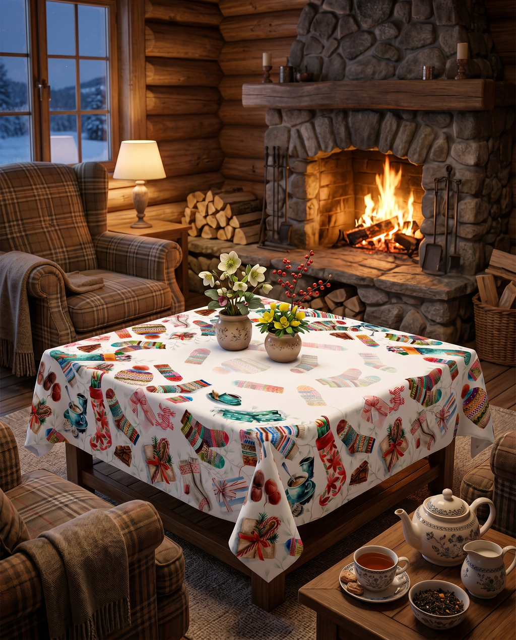 Socks tablecloth in mixed linen, 150x250 cm, Christmas stocking print