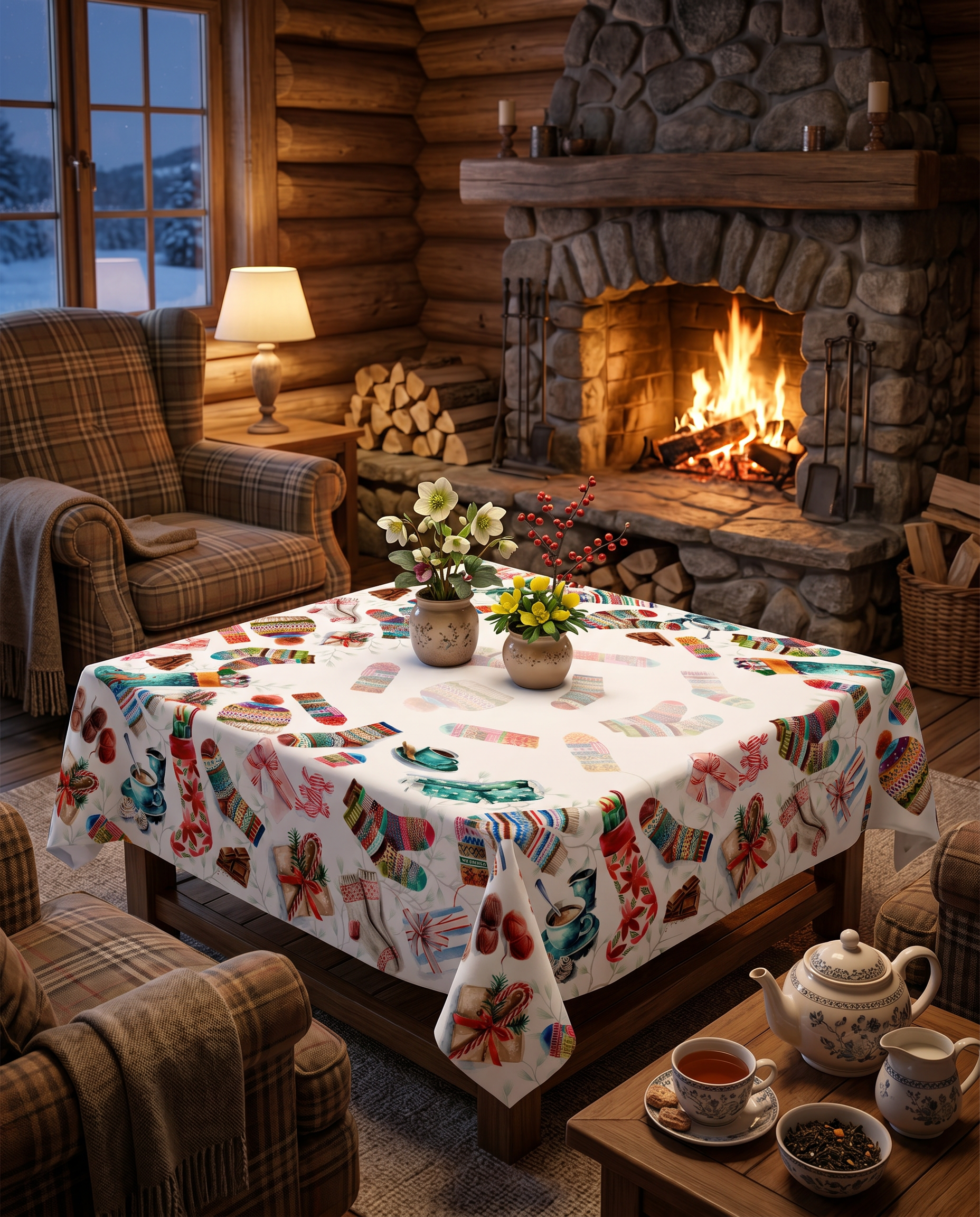 Socks tablecloth in mixed linen, 150x250 cm, Christmas stocking print