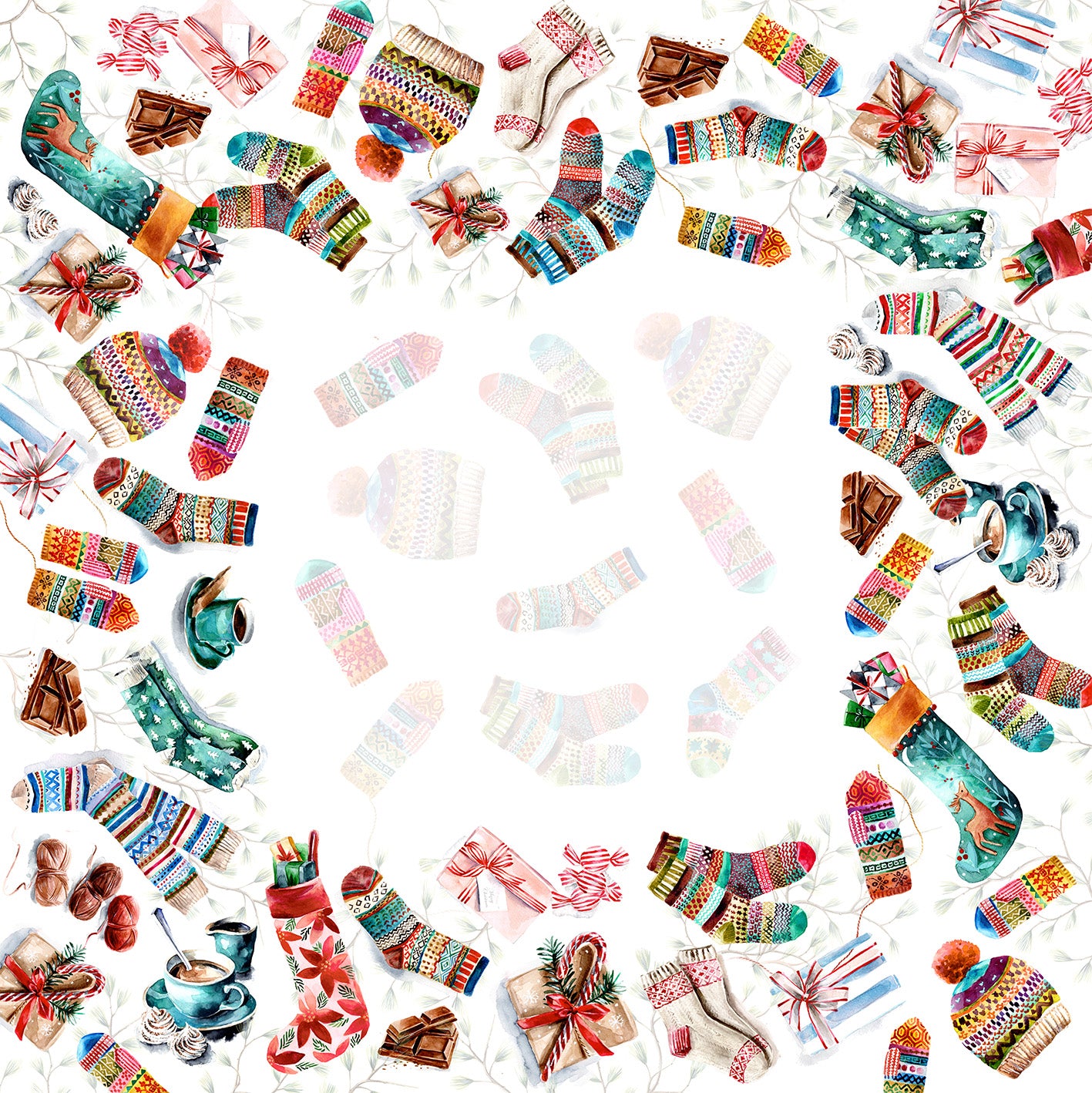 Socks tablecloth in mixed linen, 120x120 cm, Christmas stocking print
