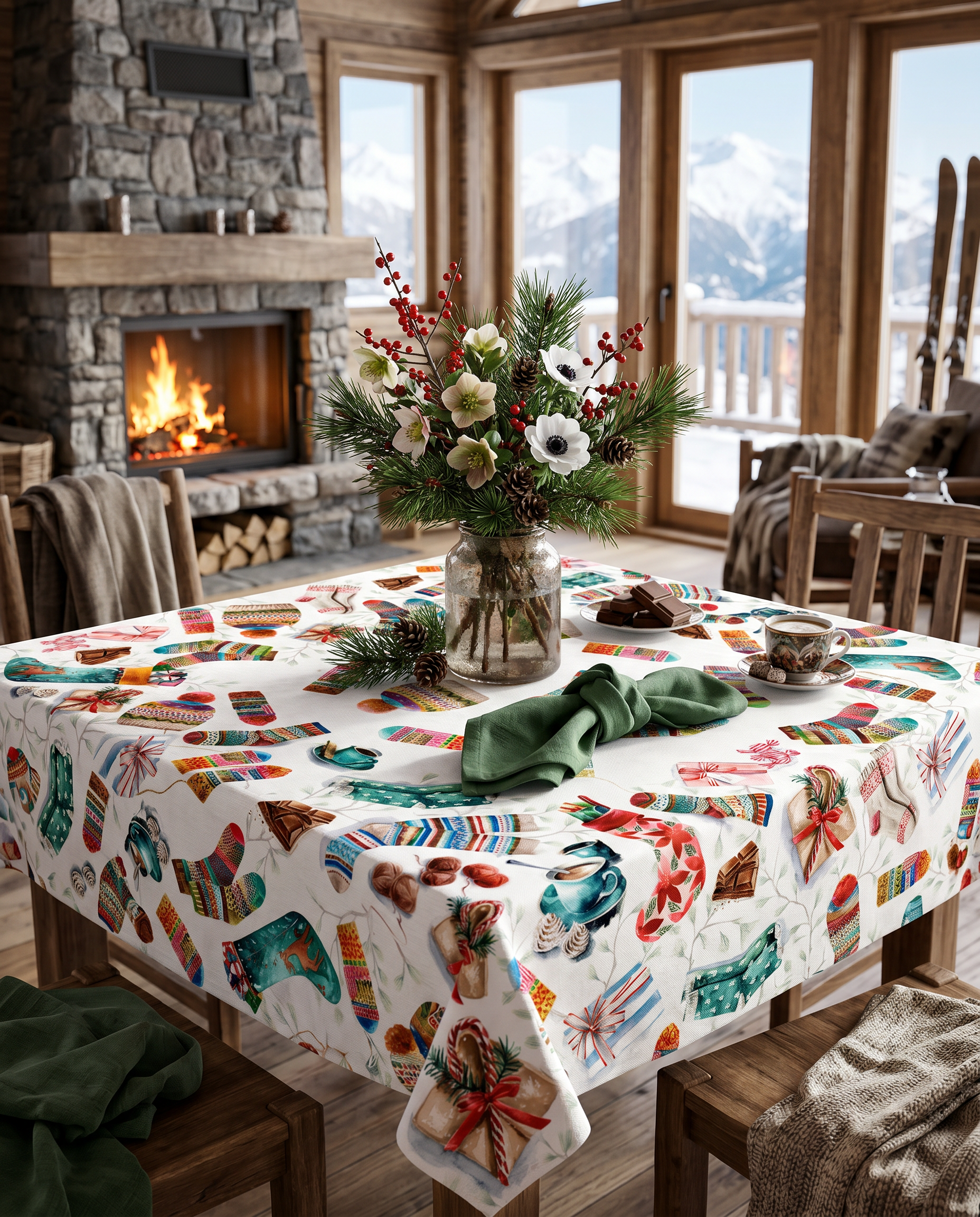 Socks tablecloth in mixed linen, 180x320 cm, Christmas stocking print