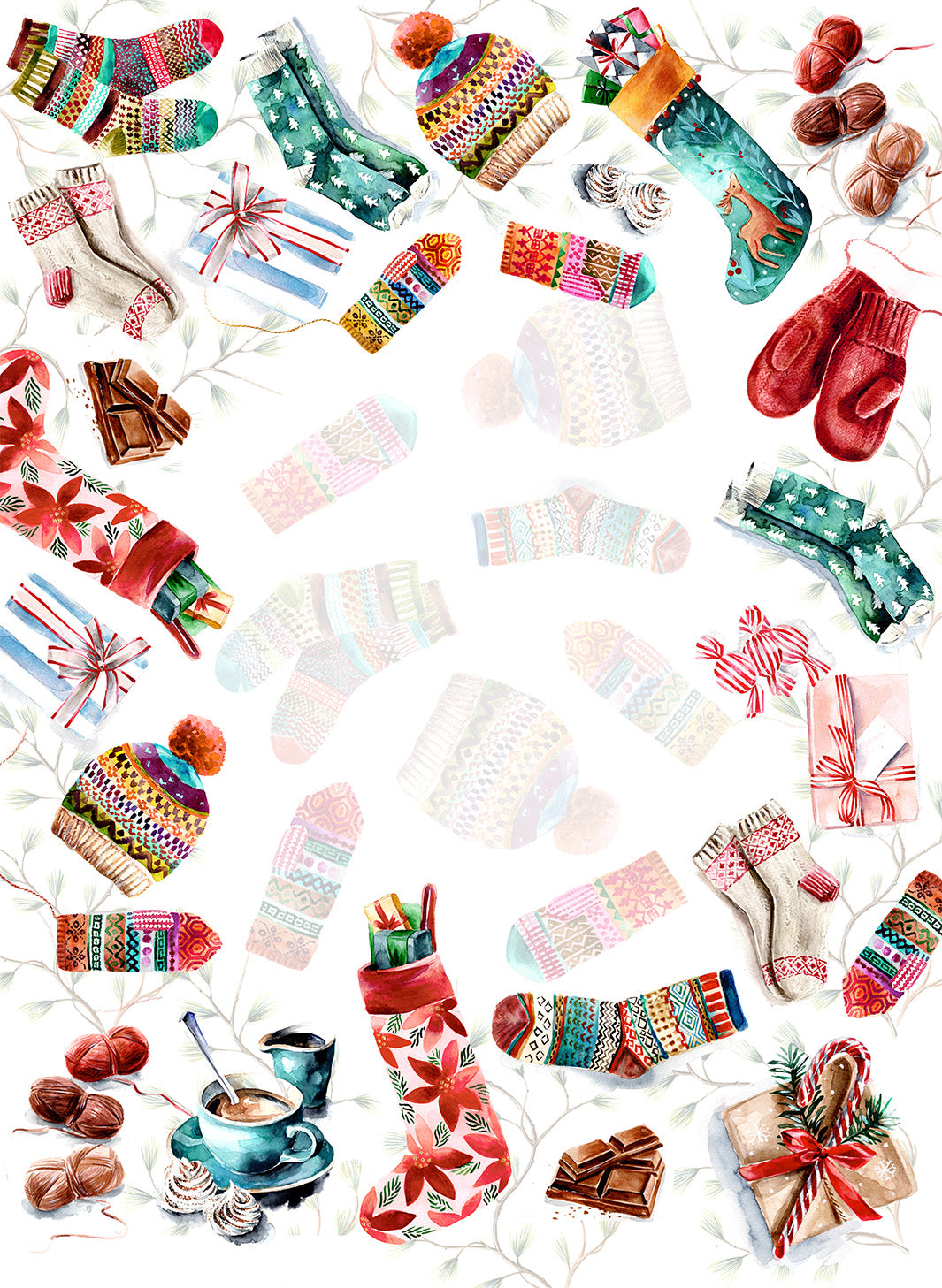 Socks kitchen towel variant 1 in mixed linen, Christmas stocking print