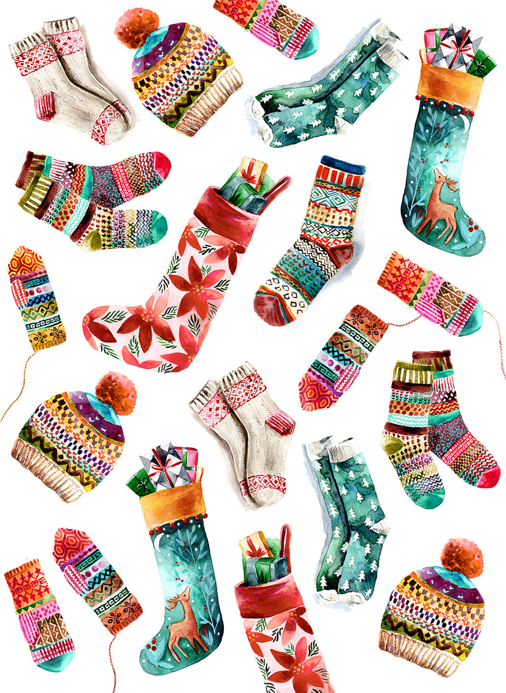 Socks kitchen towel variant 2 in mixed linen, Christmas stocking print