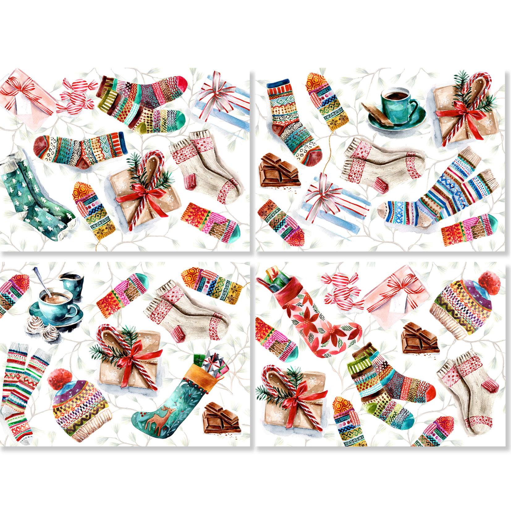 Socks set of 4 placemats in mixed linen, Christmas stocking print