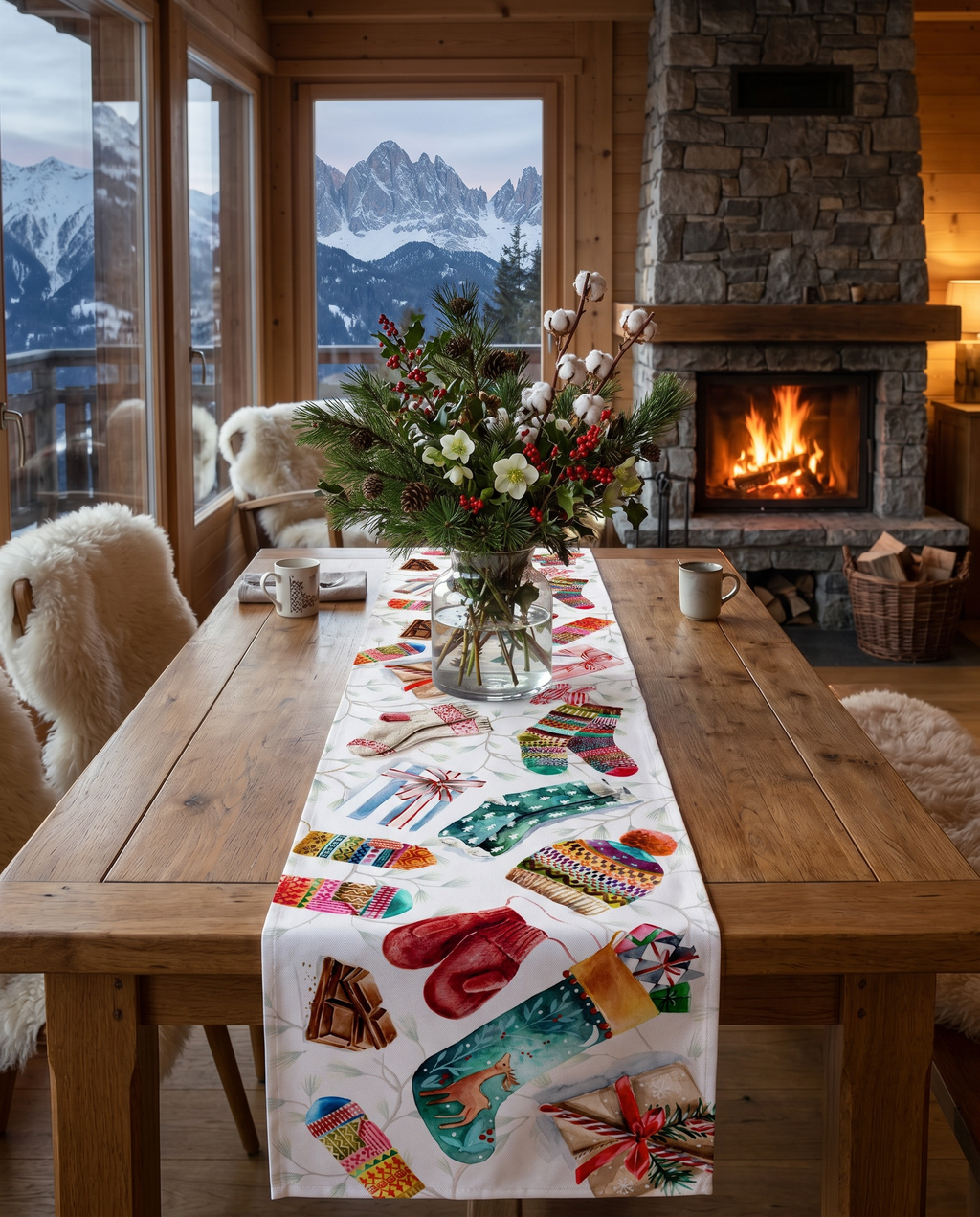 Socks runner in mixed linen, 50x150 cm, Christmas stocking print