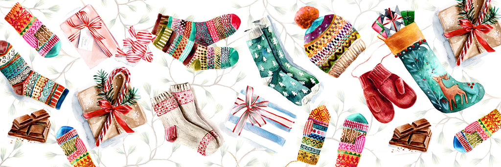 Socks runner in mixed linen, 50x150 cm, Christmas stocking print