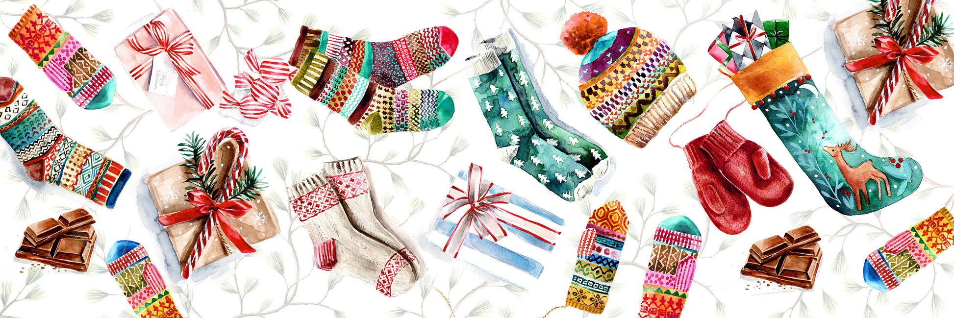 Socks runner in mixed linen, 50x150 cm, Christmas stocking print