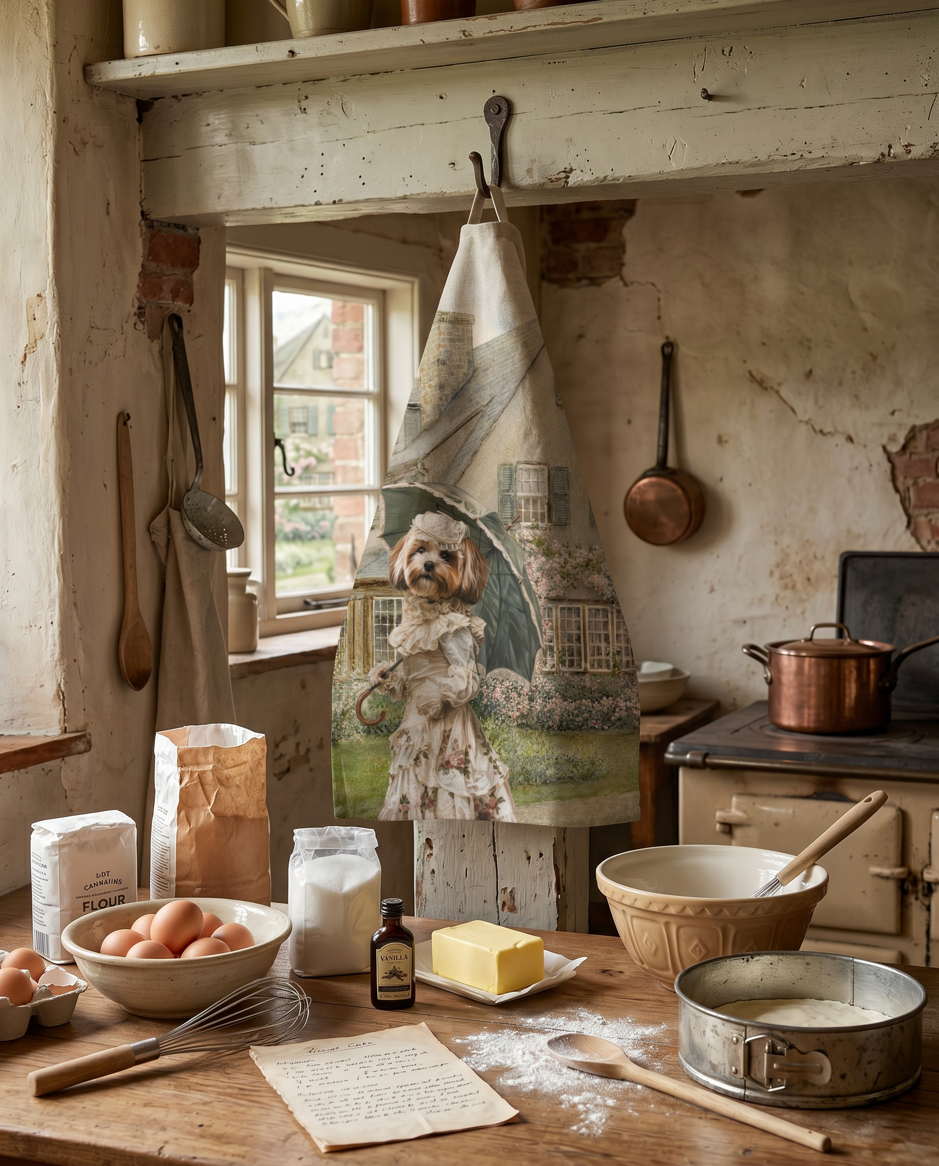 The Dogs Tale V1 kitchen towel in mixed linen with illustrated dog print