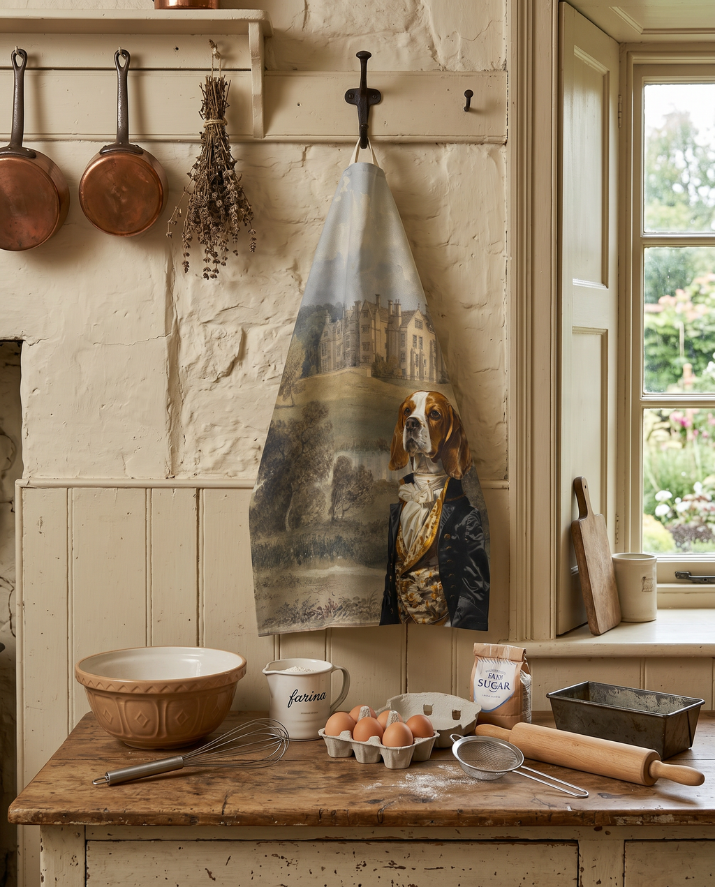 The Dogs Tale V2 kitchen towel in mixed linen with illustrated dog print