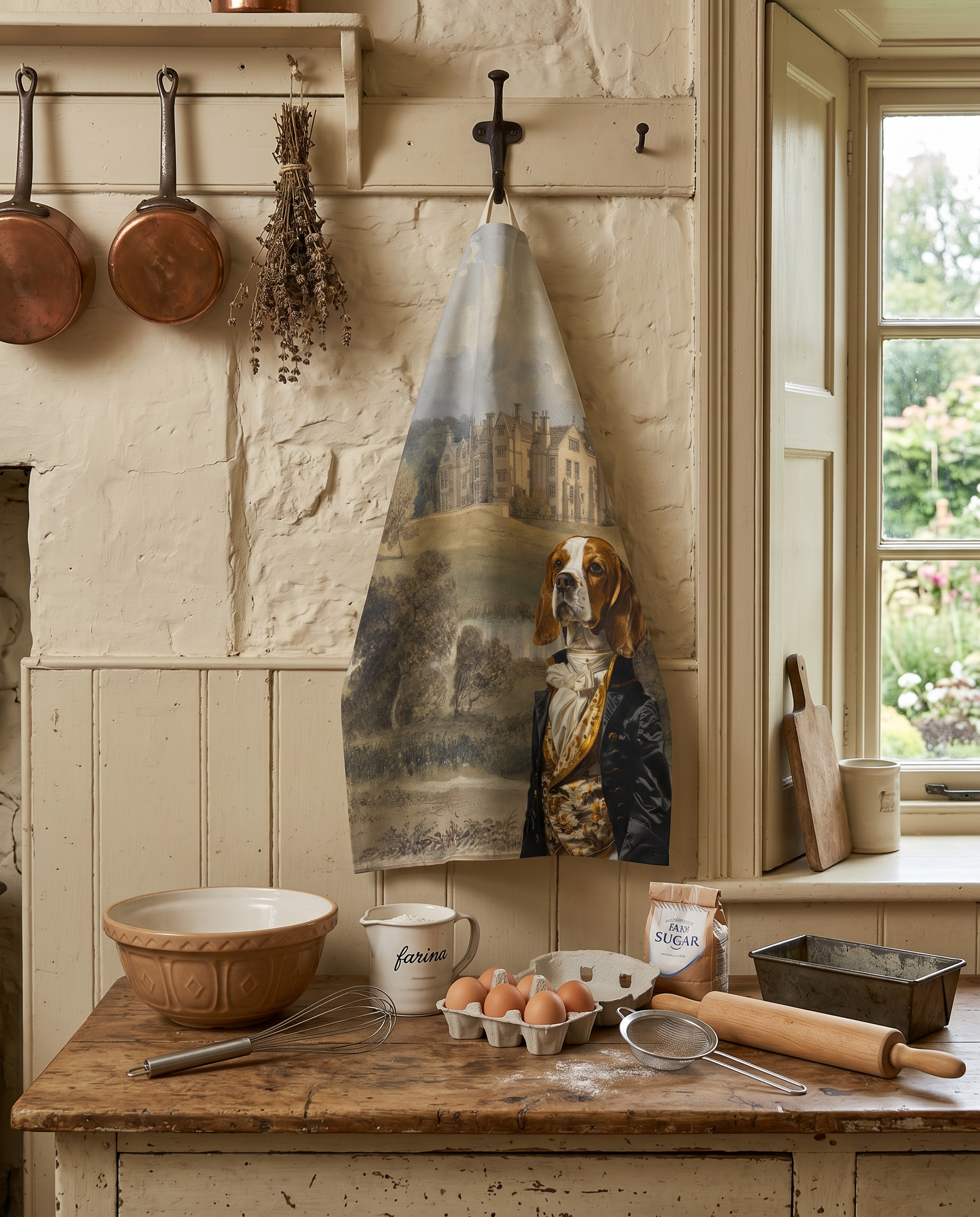 The Dogs Tale V2 kitchen towel in mixed linen with illustrated dog print