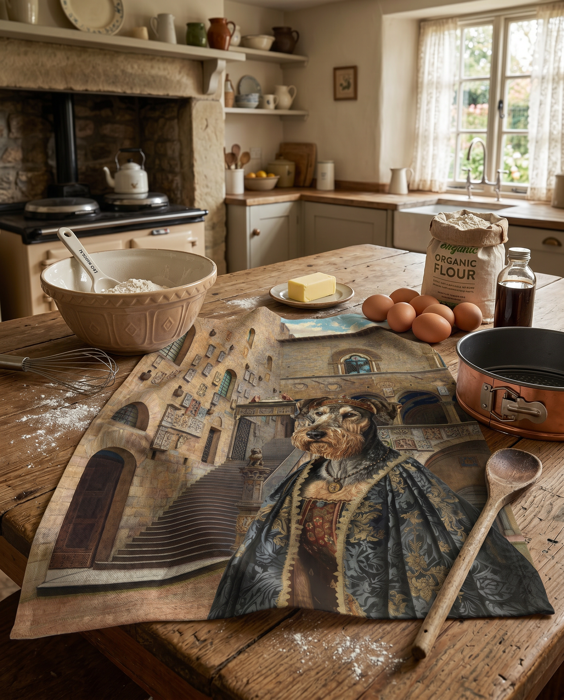 The Dogs Tale V3 kitchen towel in mixed linen with illustrated dog print