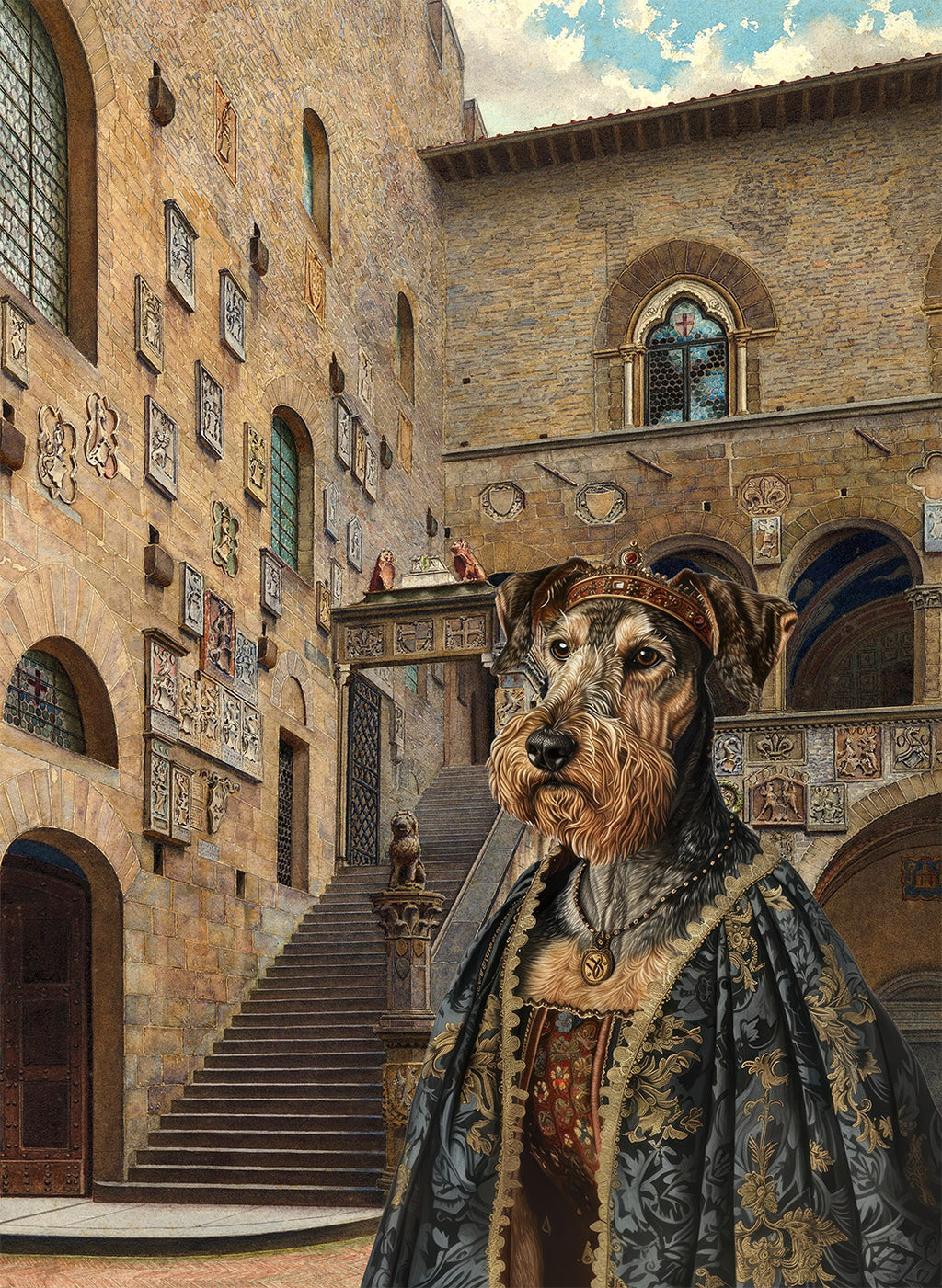The Dogs Tale V3 kitchen towel in mixed linen with illustrated dog print