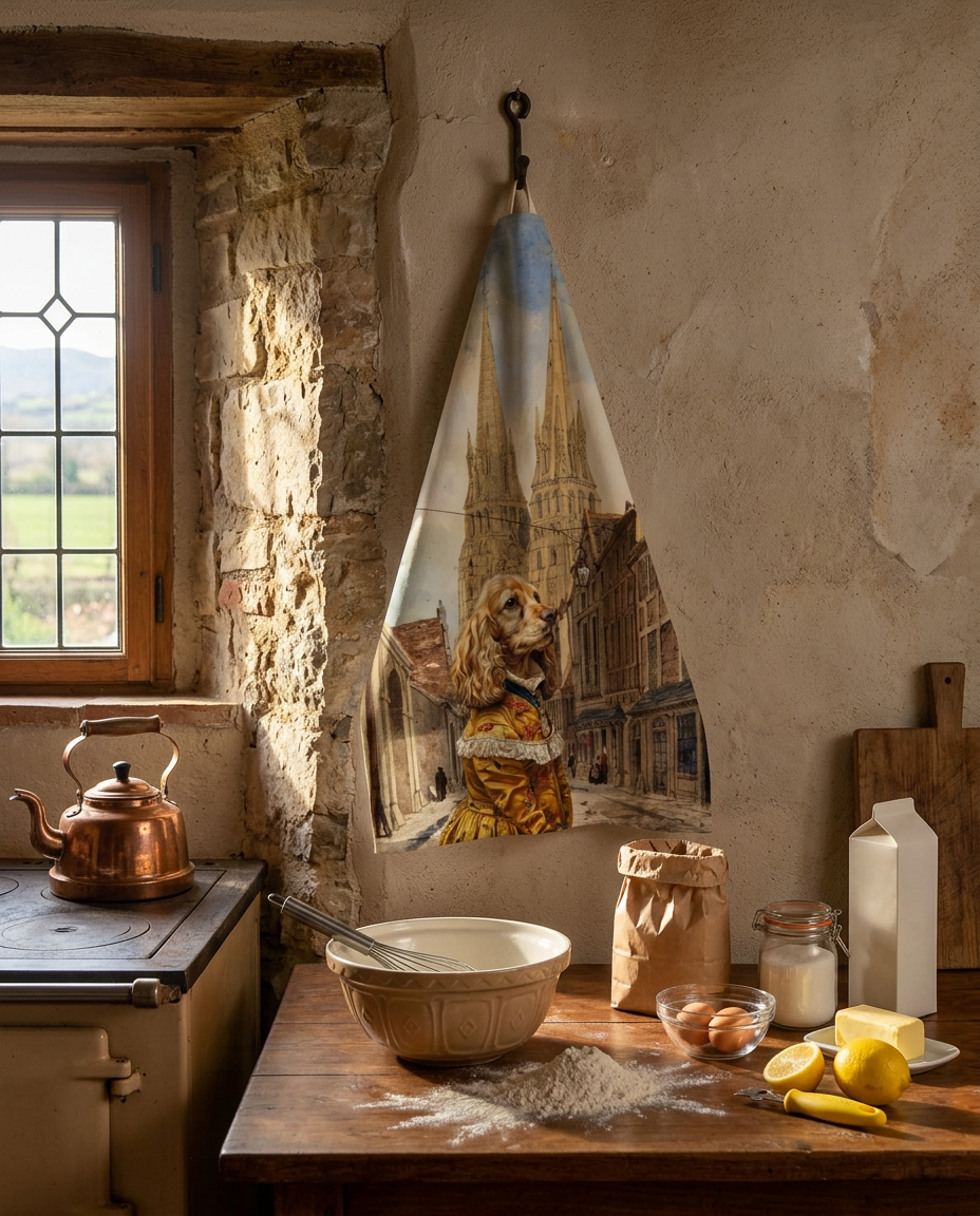 The Dogs Tale V4 kitchen towel in mixed linen with illustrated dog print