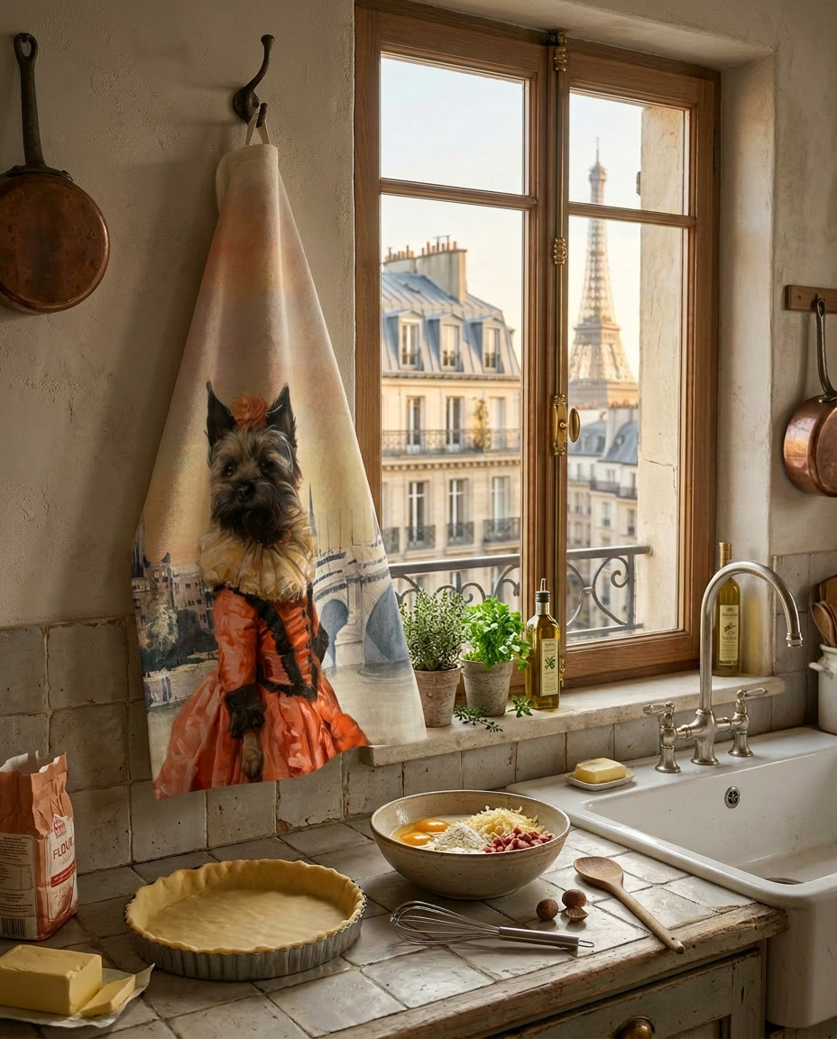 The Dogs Tale V5 kitchen towel in mixed linen with illustrated dog print