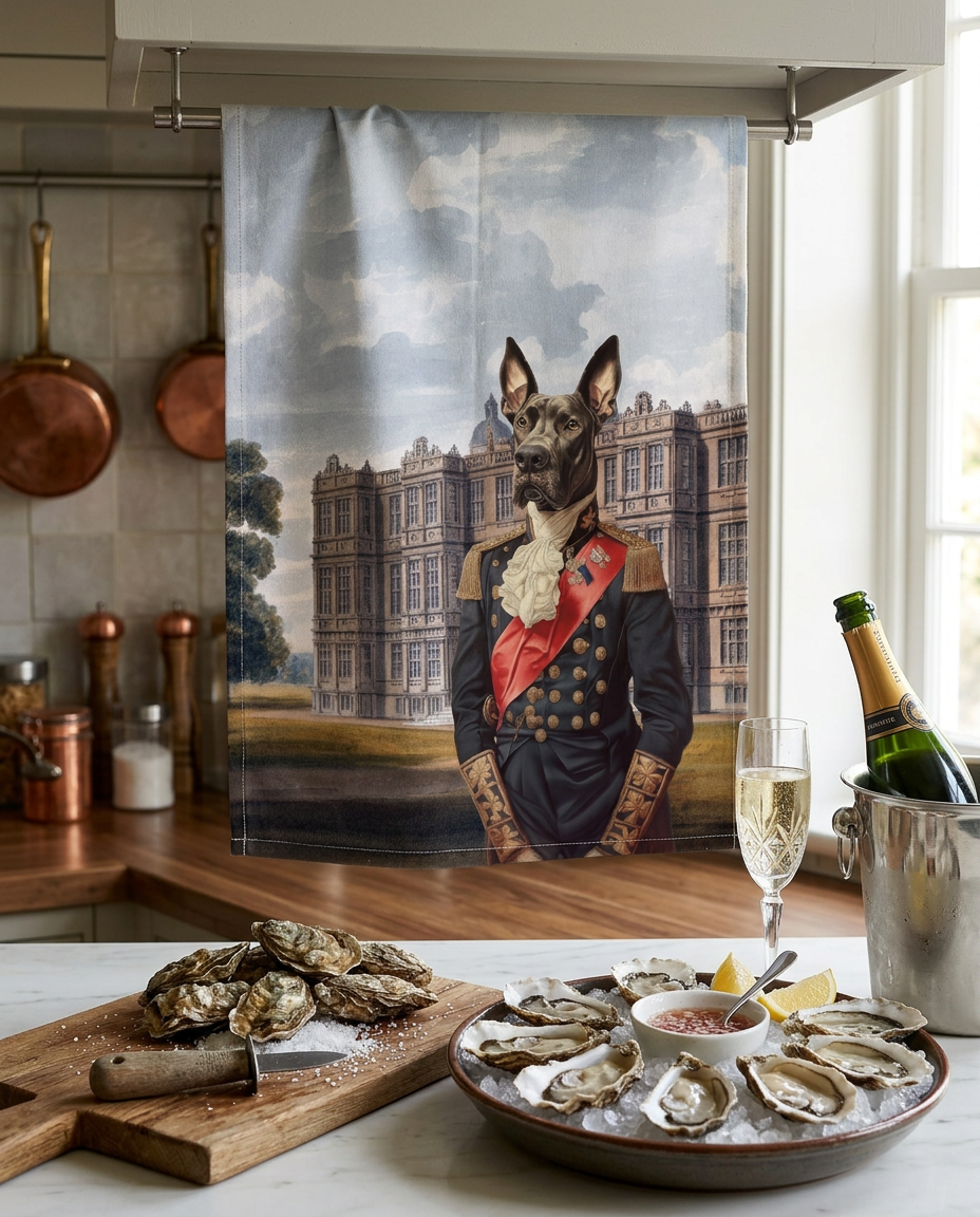 The Dogs Tale V6 kitchen towel in mixed linen with illustrated dog print